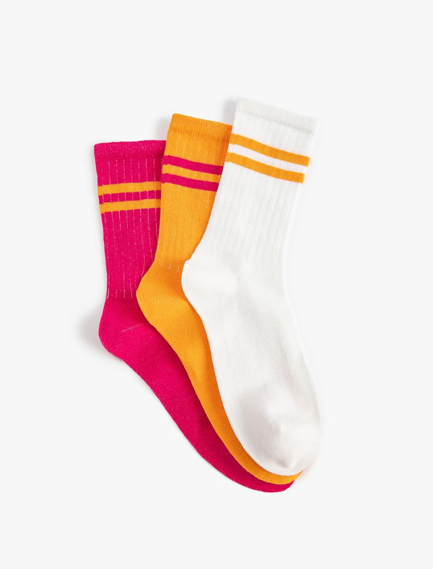  Kadın Kolej Çorap Seti 3'lü Şerit Desenli Çok Renkli