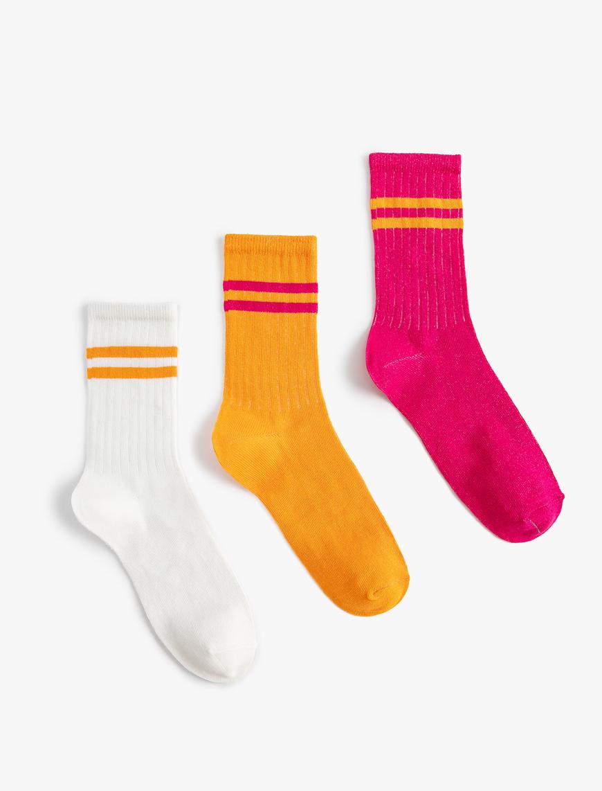  Kadın Kolej Çorap Seti 3'lü Şerit Desenli Çok Renkli