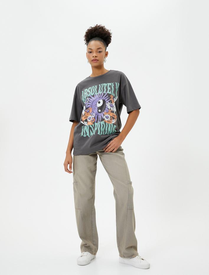  Baskılı Tişört Rahat Kalıp Kısa Kollu Bisiklet Yaka Pamuklu Soluk Efektli