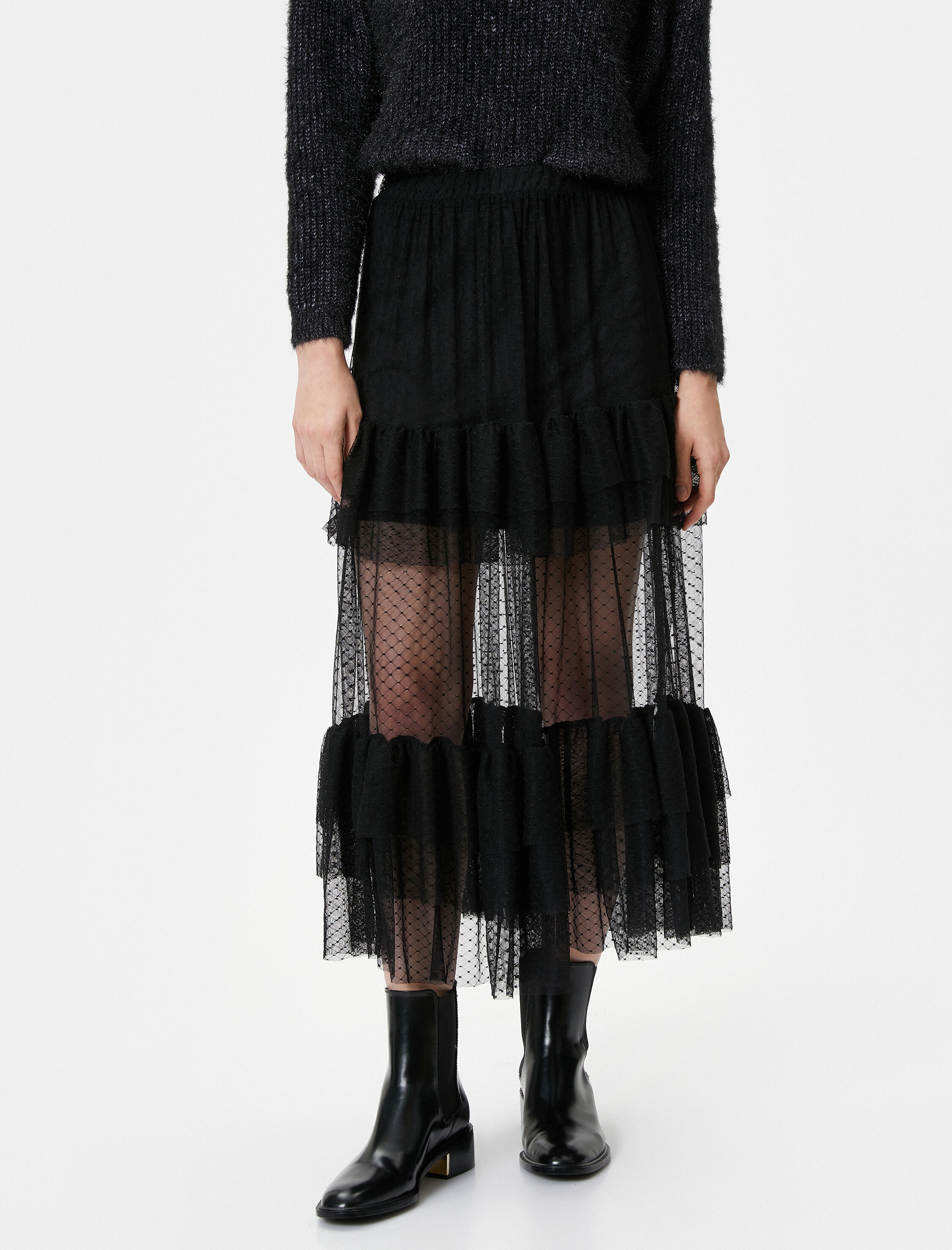   Midi Tül Etek Volanlı Beli Lastikli