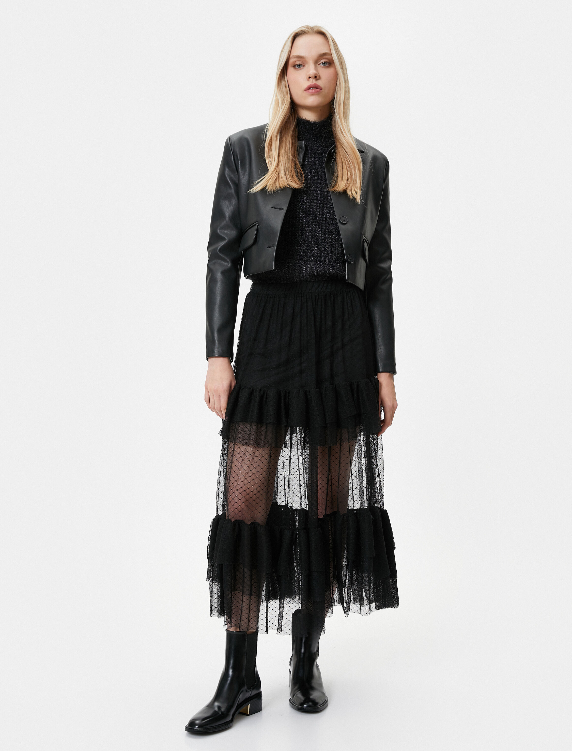   Midi Tül Etek Volanlı Beli Lastikli