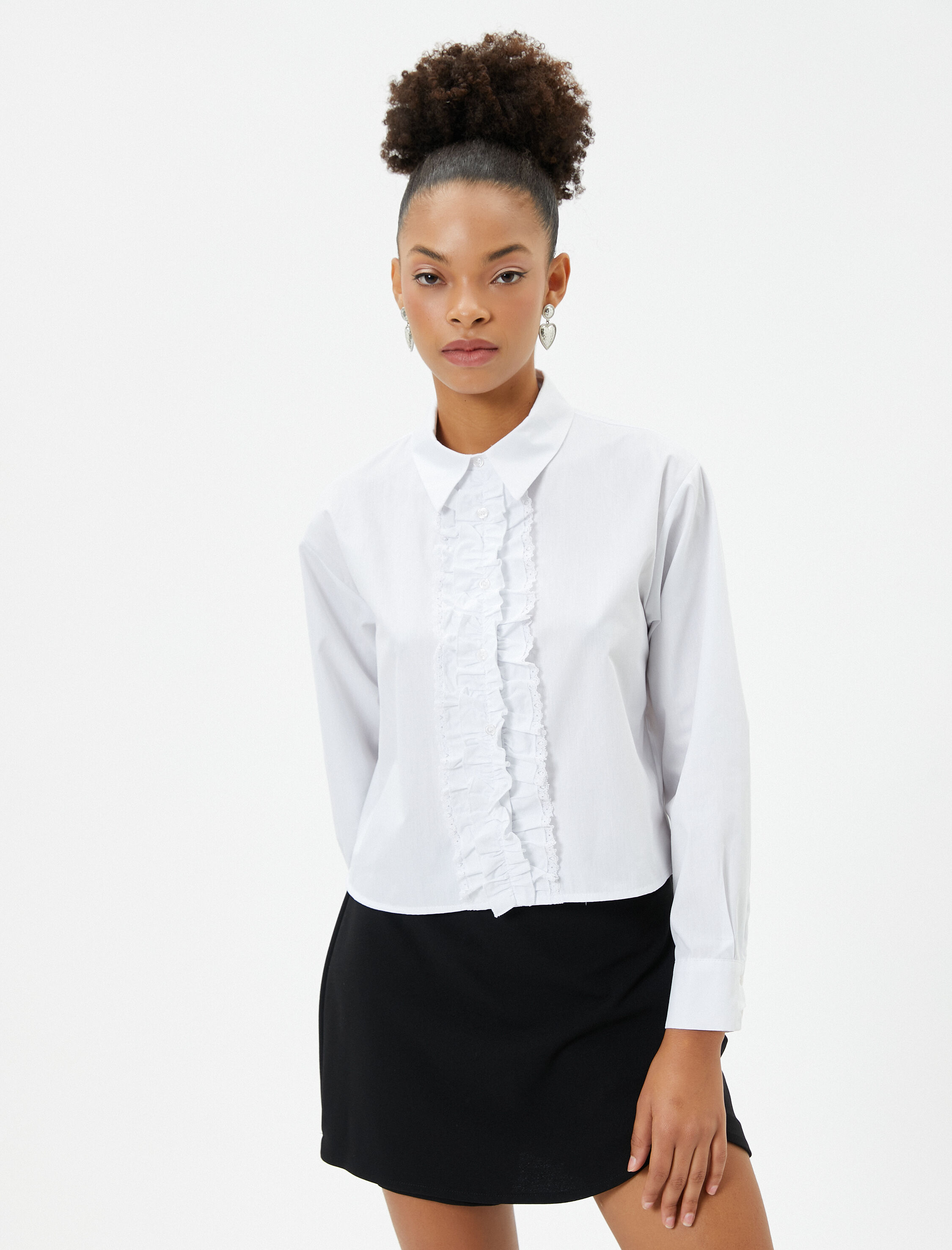   Fırfırlı Gömlek Klasik Yaka Uzun Kollu Pamuklu