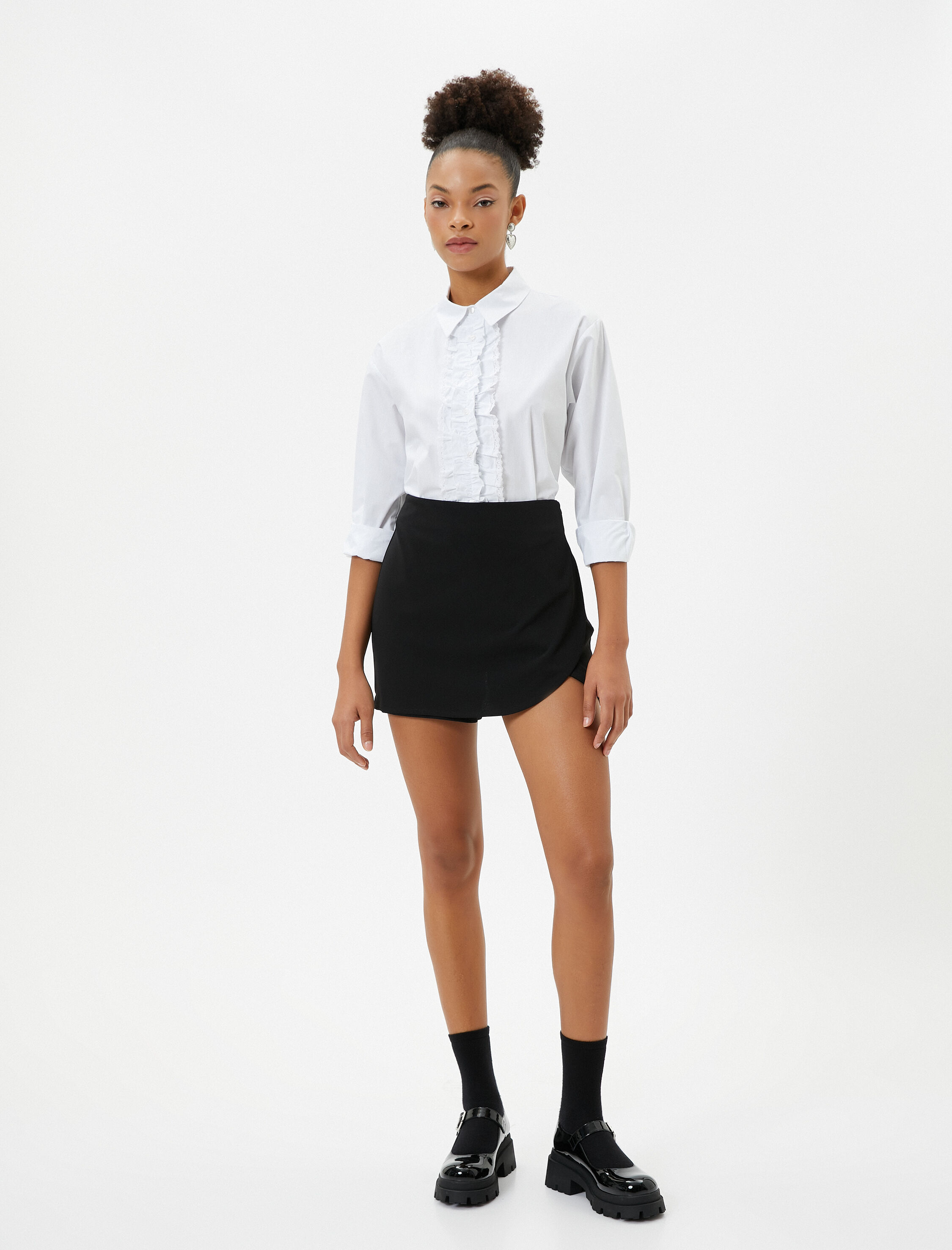   Fırfırlı Gömlek Klasik Yaka Uzun Kollu Pamuklu