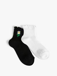 2'li Çorap Seti Çiçek İşlemeli Pamuklu