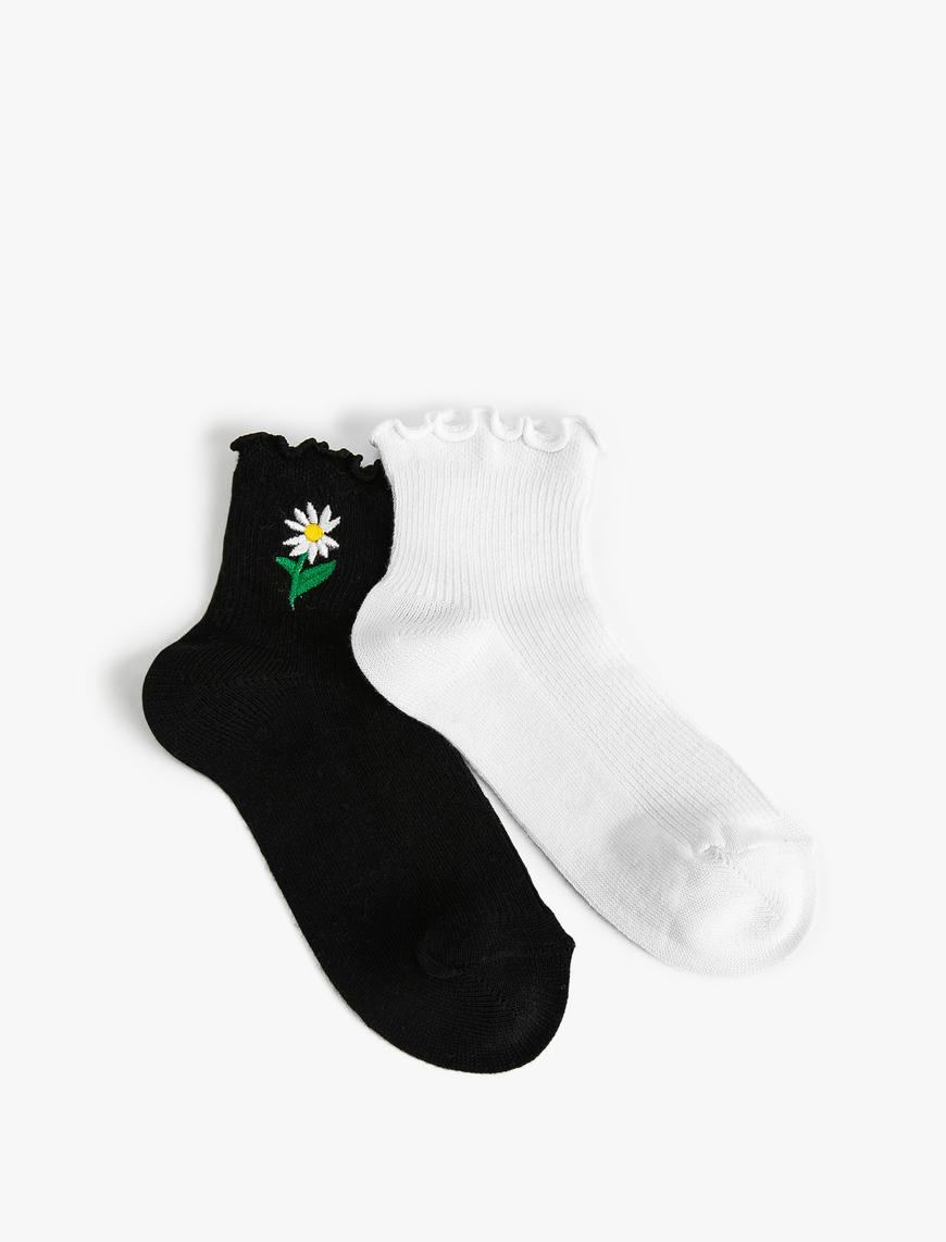  Kız Çocuk 2'li Çorap Seti Çiçek İşlemeli Pamuklu