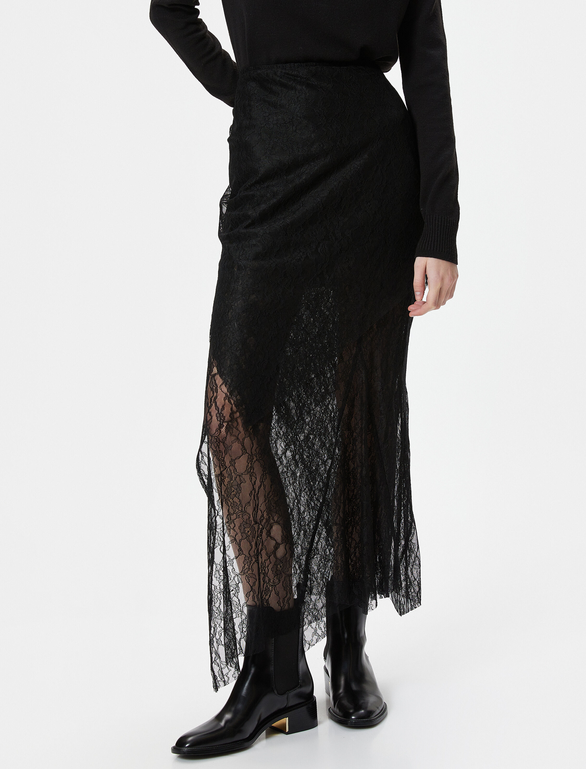   Tül Dantelli Midi Etek Asimetrik Kesim Astarlı Standart Bel Slim Fit