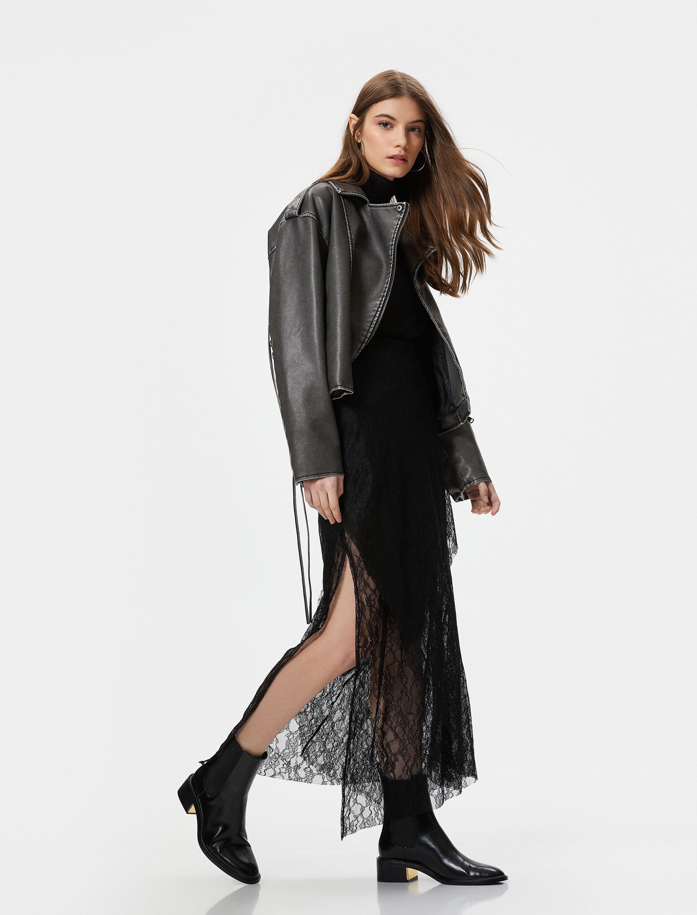   Tül Dantelli Midi Etek Asimetrik Kesim Astarlı Standart Bel Slim Fit