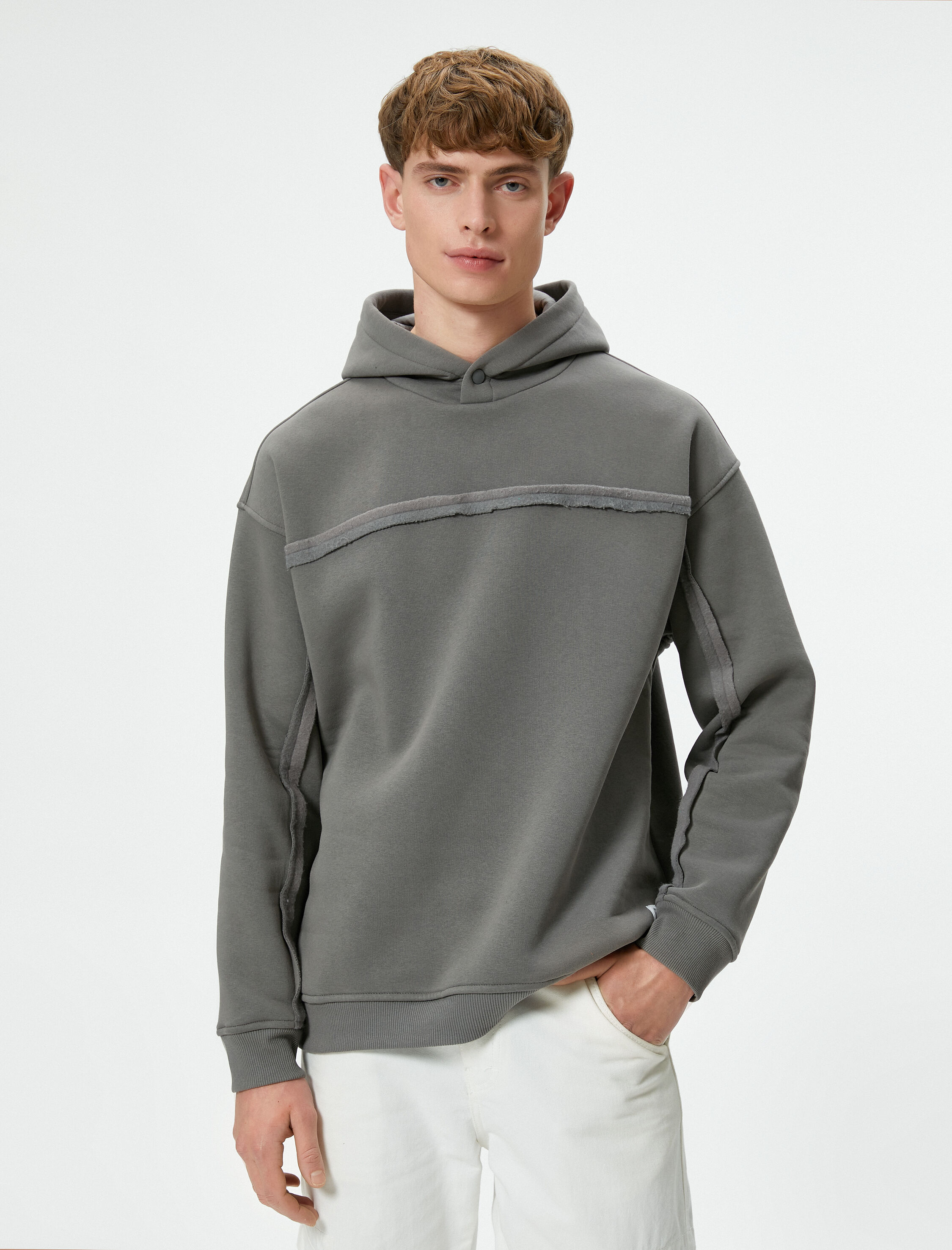   Oversize Kapşonlu Sweatshirt Dikiş Detaylı Uzun Kollu Şardonlu