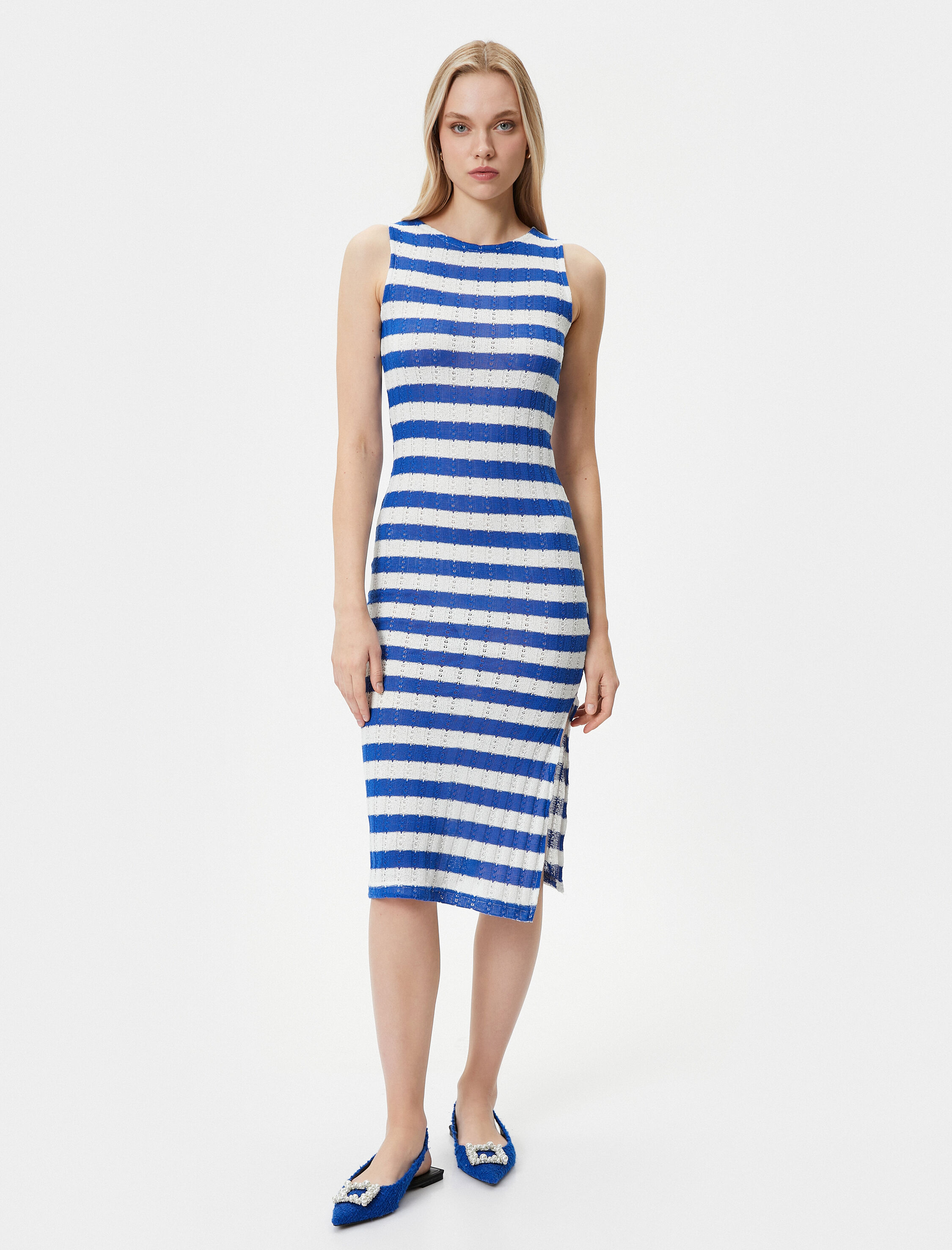   Midi Elbise Yırtmaç Detaylı Bisiklet Yaka