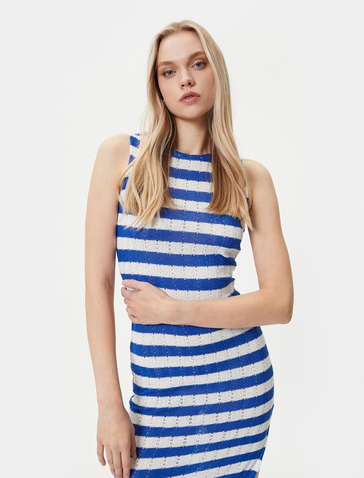  Midi Elbise Yırtmaç Detaylı Bisiklet Yaka