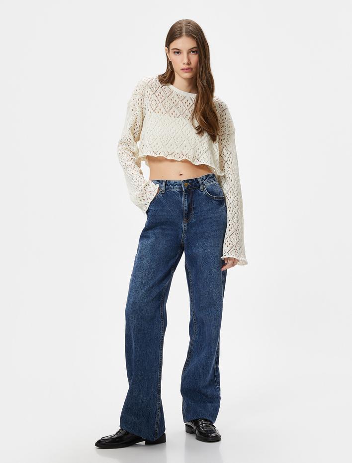  Kroşe Crop Üst Uzun Geniş Kollu Bisiklet Yaka Ajurlu