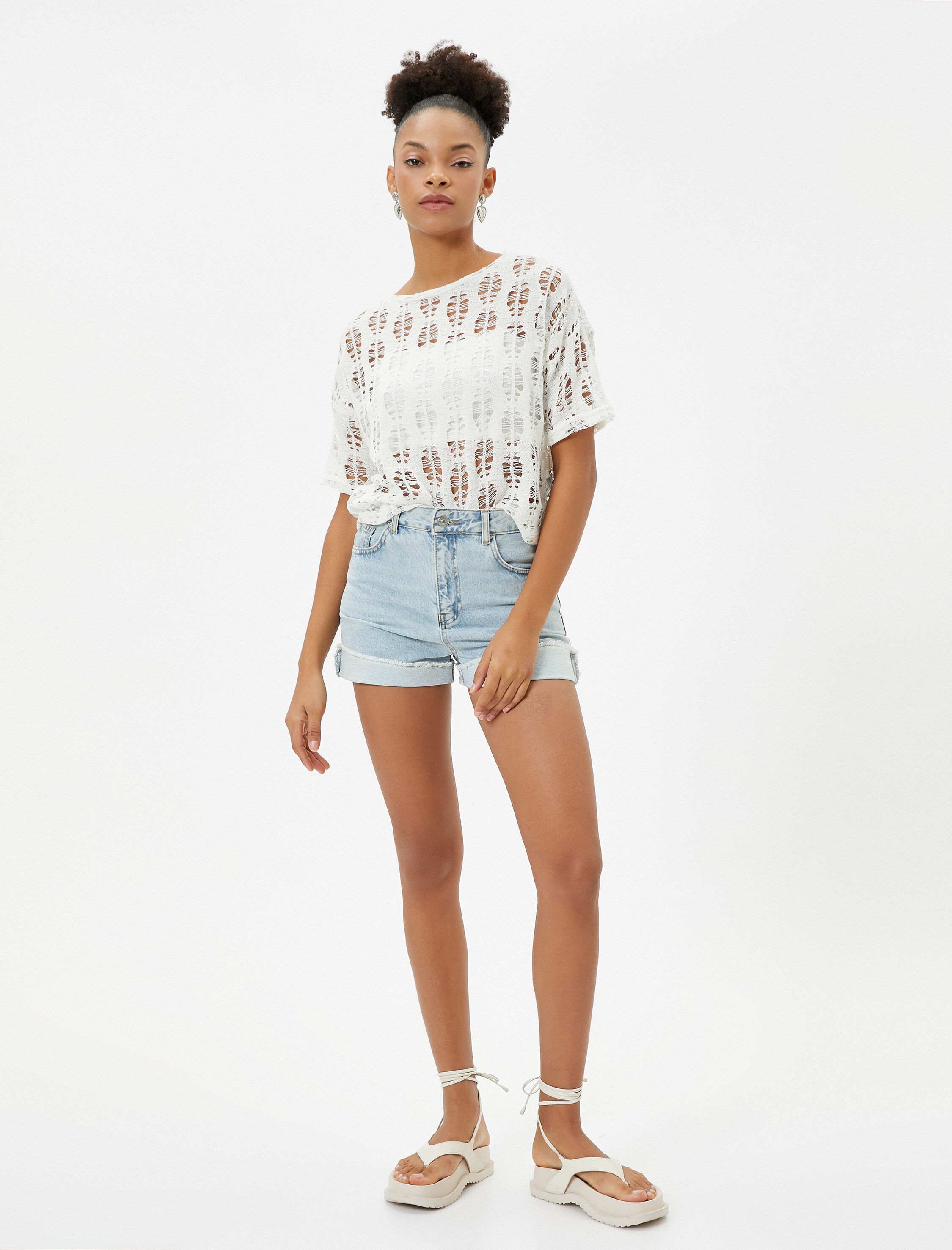   Ajurlu Kroşe Crop Tişört Kısa Kollu Yuvarlak Yaka