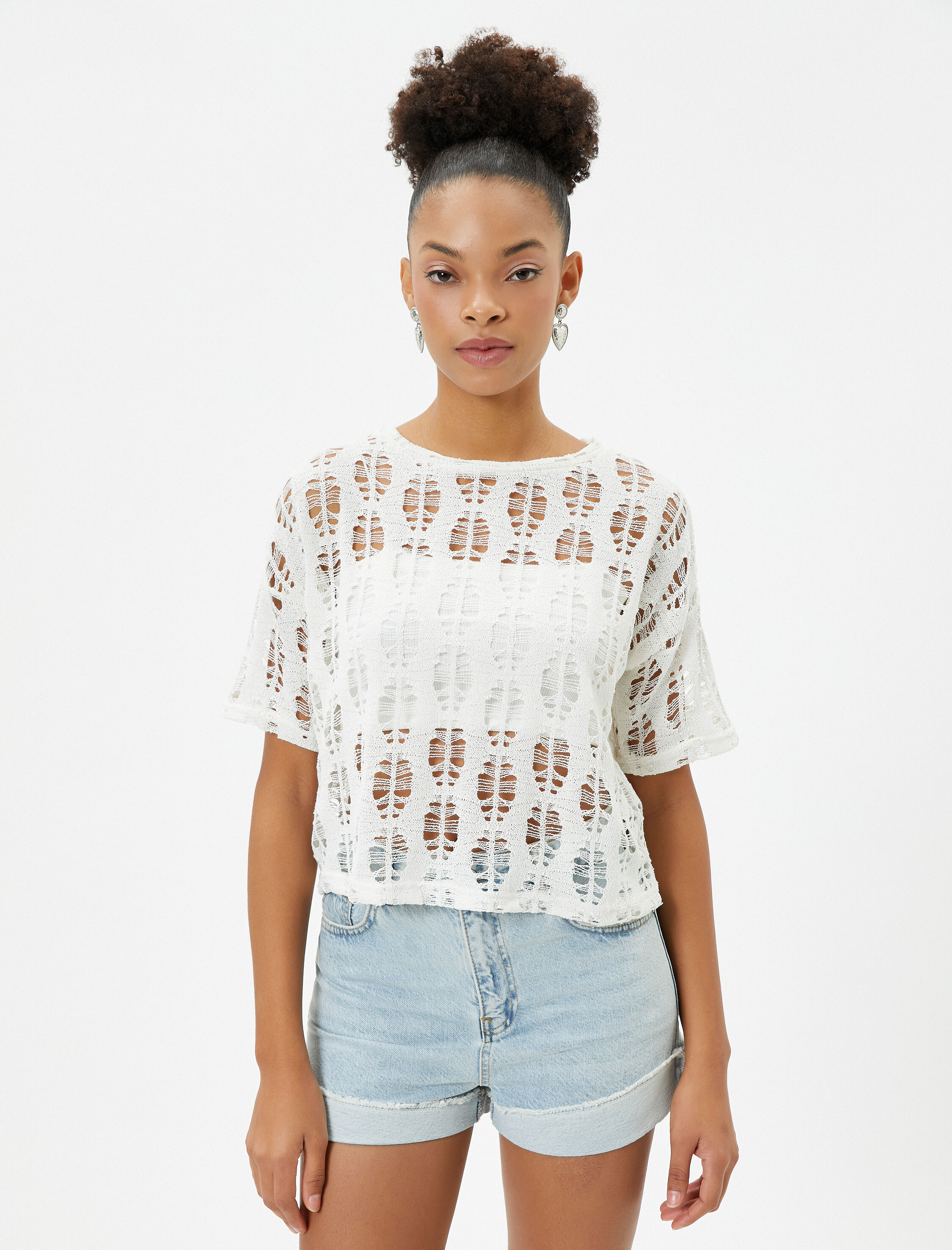   Ajurlu Kroşe Crop Tişört Kısa Kollu Yuvarlak Yaka