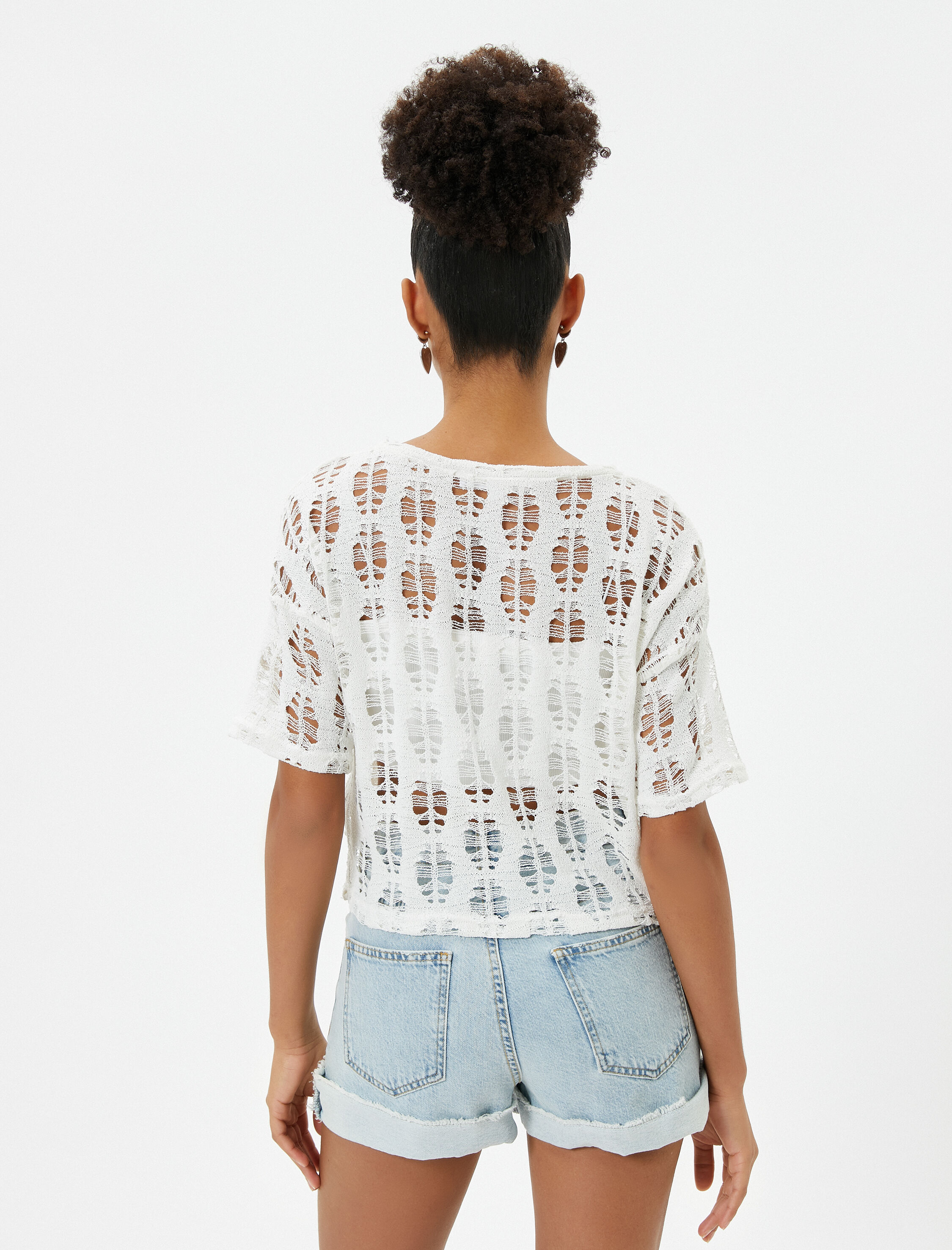   Ajurlu Kroşe Crop Tişört Kısa Kollu Yuvarlak Yaka