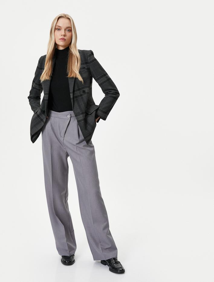  Kumaş Bol Paça Pantolon Asimetrik Bel Düğmeli