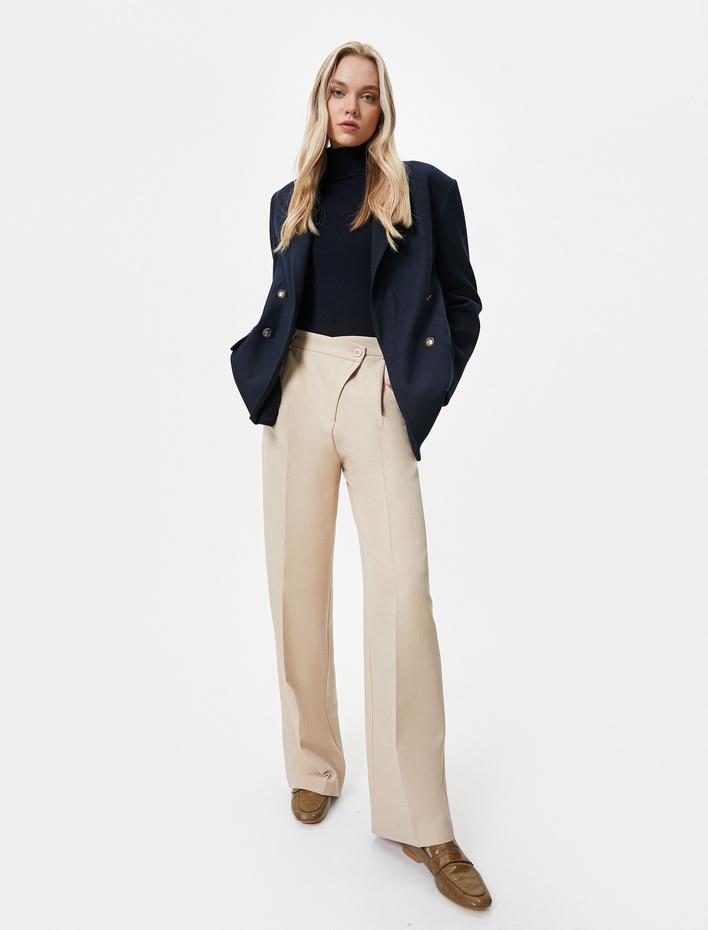  Kumaş Bol Paça Pantolon Asimetrik Bel Düğmeli