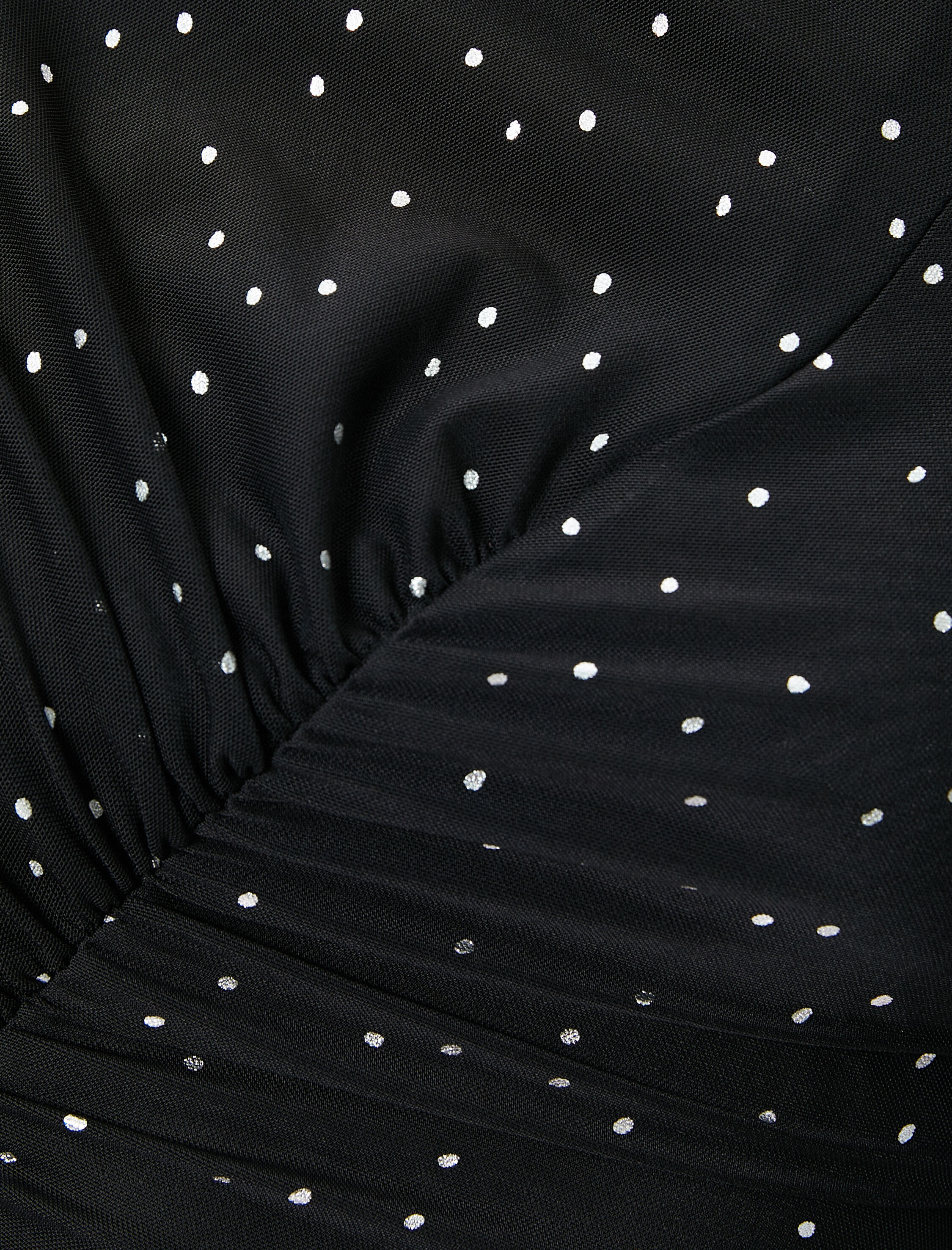 Tül Puantiyeli Mini Elbise Drape Detaylı Yuvarlak Yaka Uzun Kollu