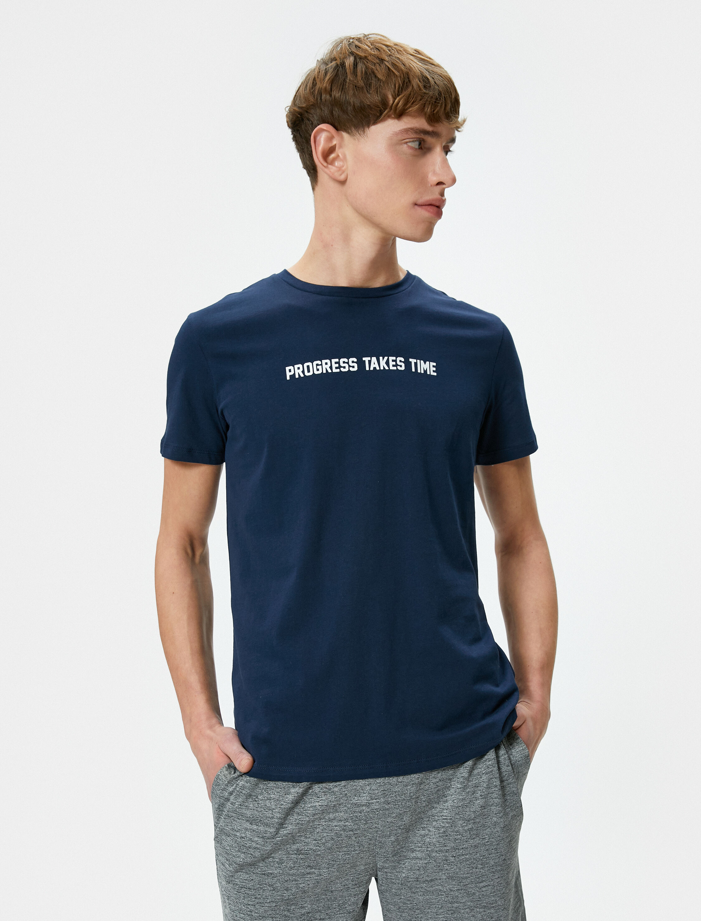   Spor Tişört Slogan Baskılı Bisiklet Yaka Kısa Kollu Pamuklu