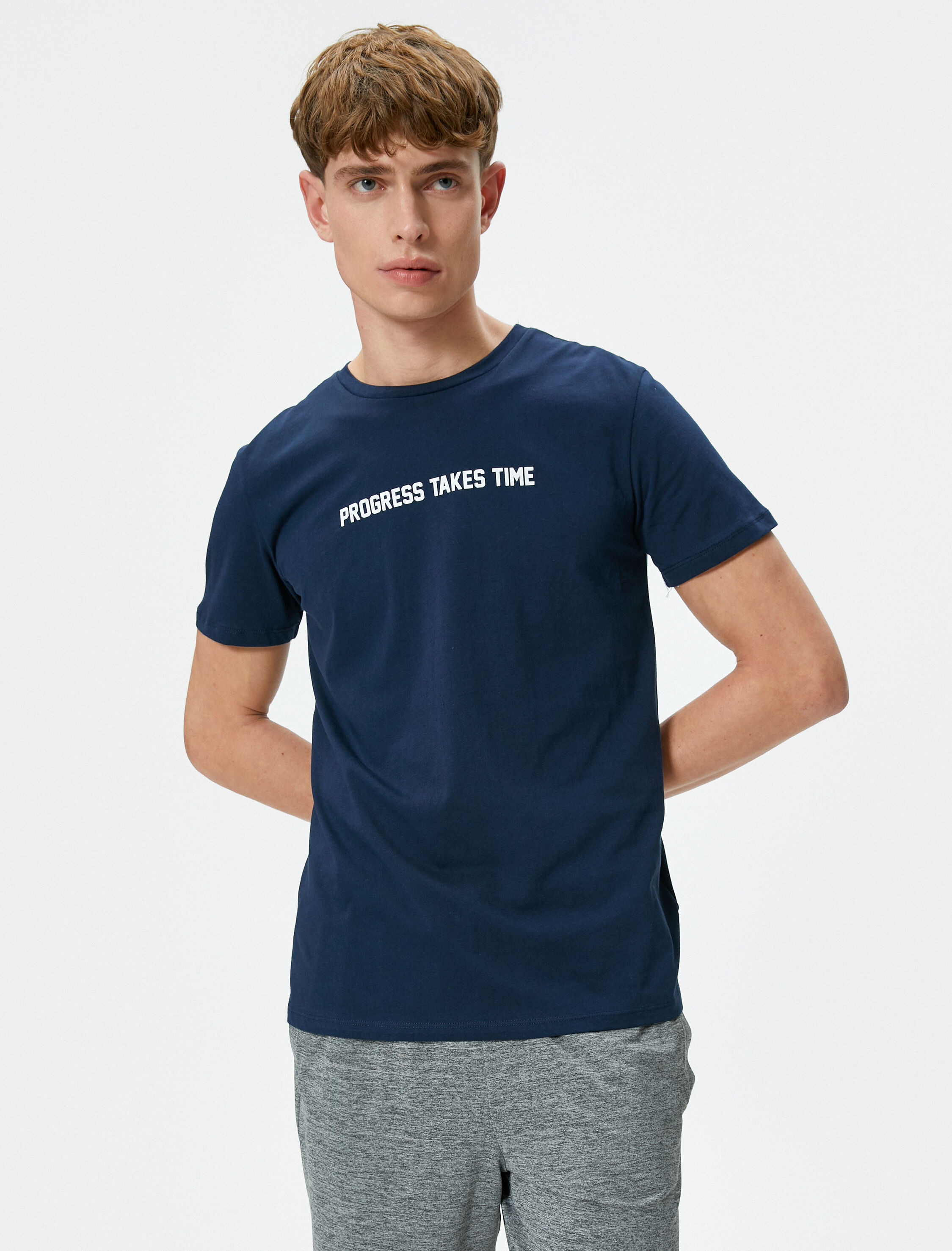   Spor Tişört Slogan Baskılı Bisiklet Yaka Kısa Kollu Pamuklu