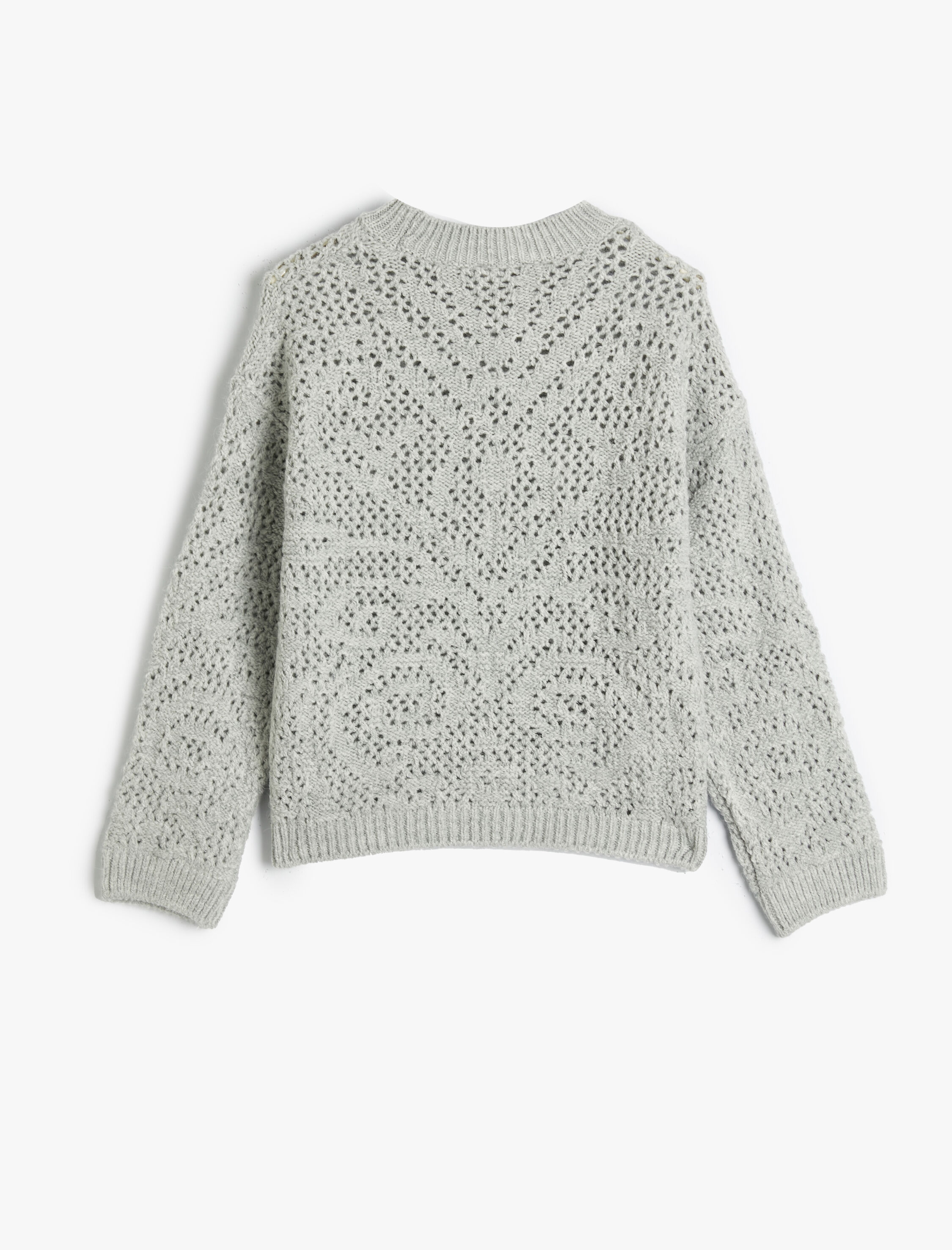  Kız Çocuk Örgü Kazak Ajurlu Yuvarlak Yaka Uzun Kollu