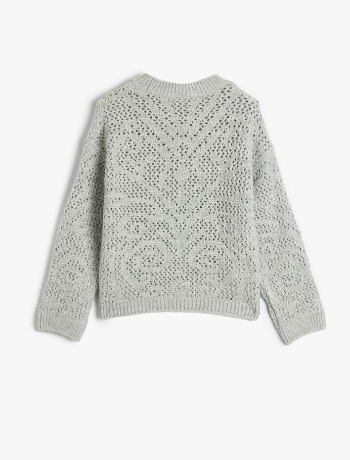 Kız Çocuk Örgü Kazak Ajurlu Yuvarlak Yaka Uzun Kollu