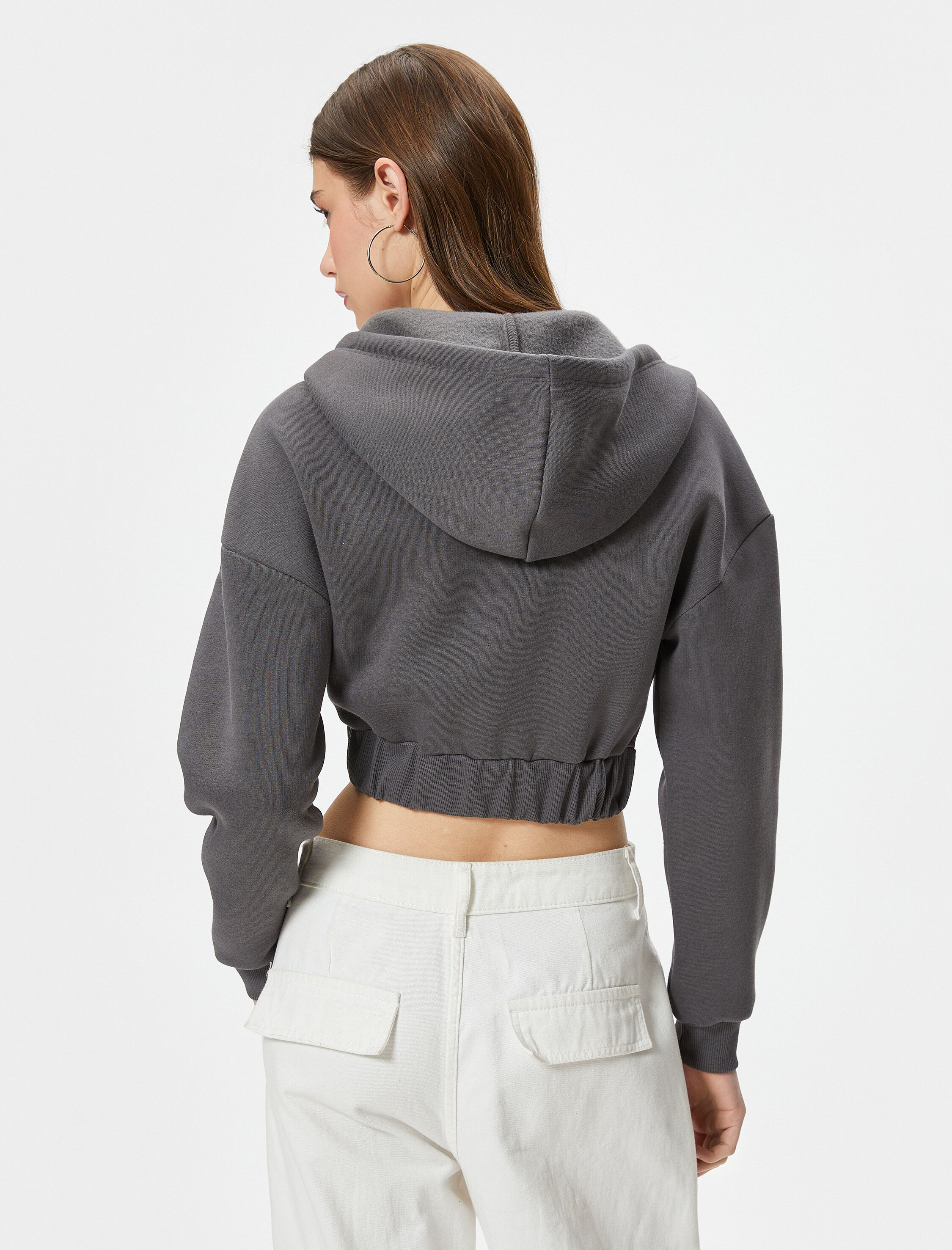   Şardonlu Fermuarlı Kapşonlu Crop Sweatshirt Dar Kalıp Korse Görünümlü Baskılı