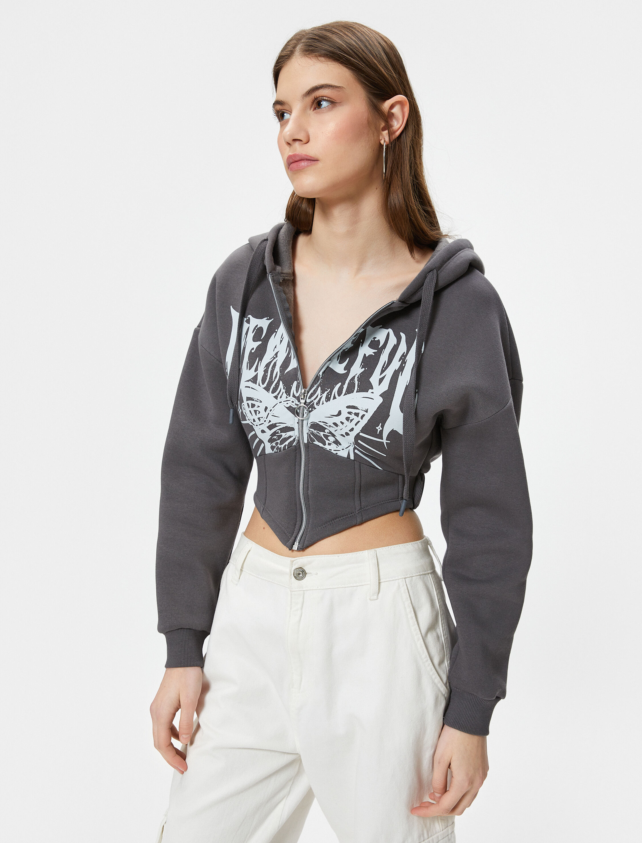   Şardonlu Fermuarlı Kapşonlu Crop Sweatshirt Dar Kalıp Korse Görünümlü Baskılı