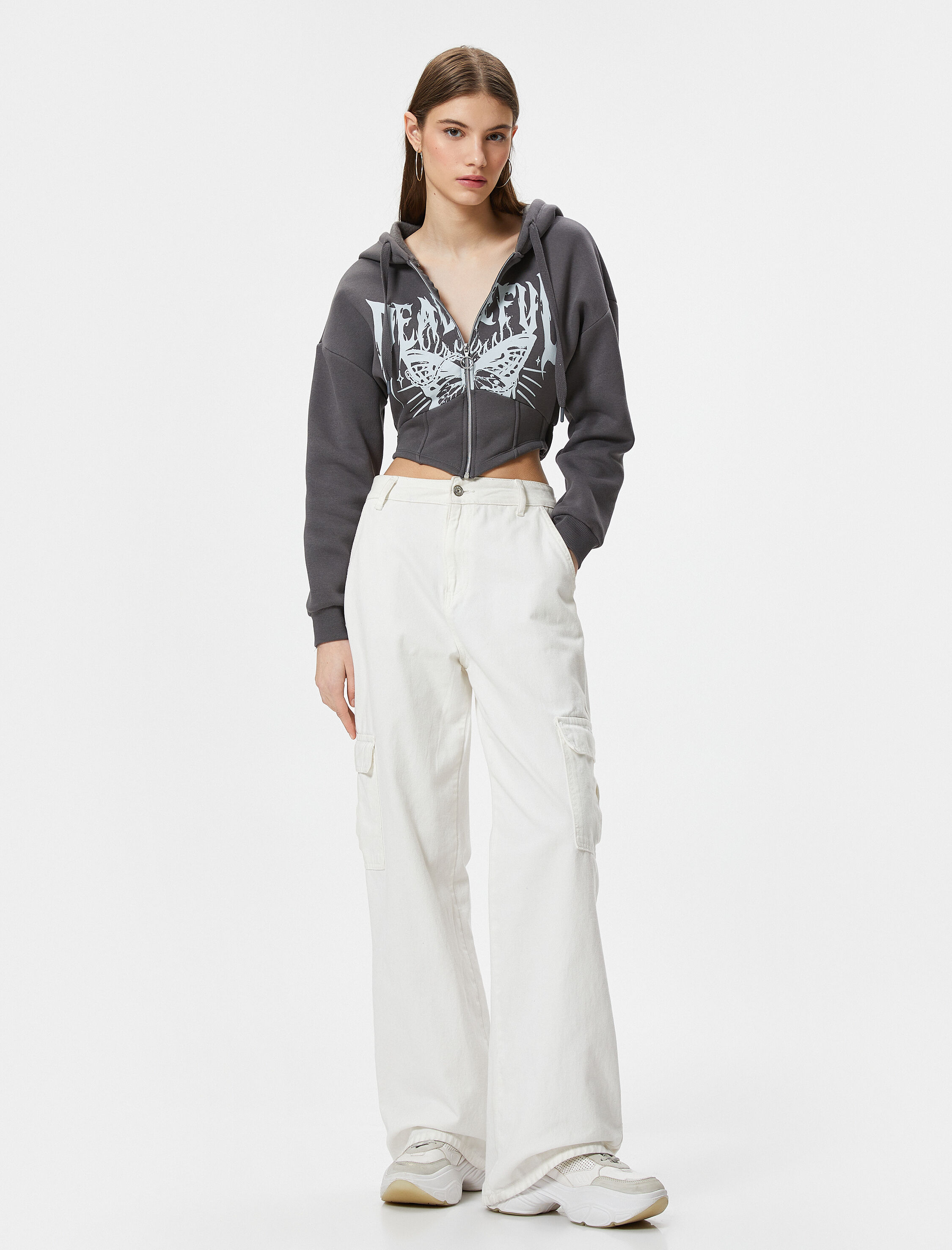   Şardonlu Fermuarlı Kapşonlu Crop Sweatshirt Dar Kalıp Korse Görünümlü Baskılı