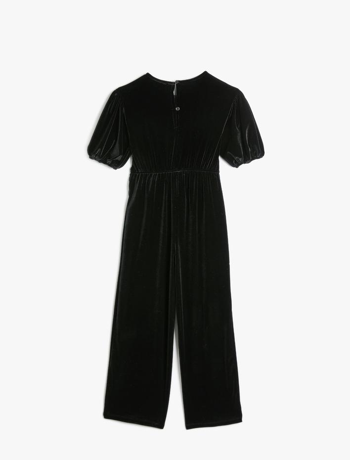 Kız Çocuk Kadife Tulum Balon Kol İspanyol Paça Beli Bağlamalı