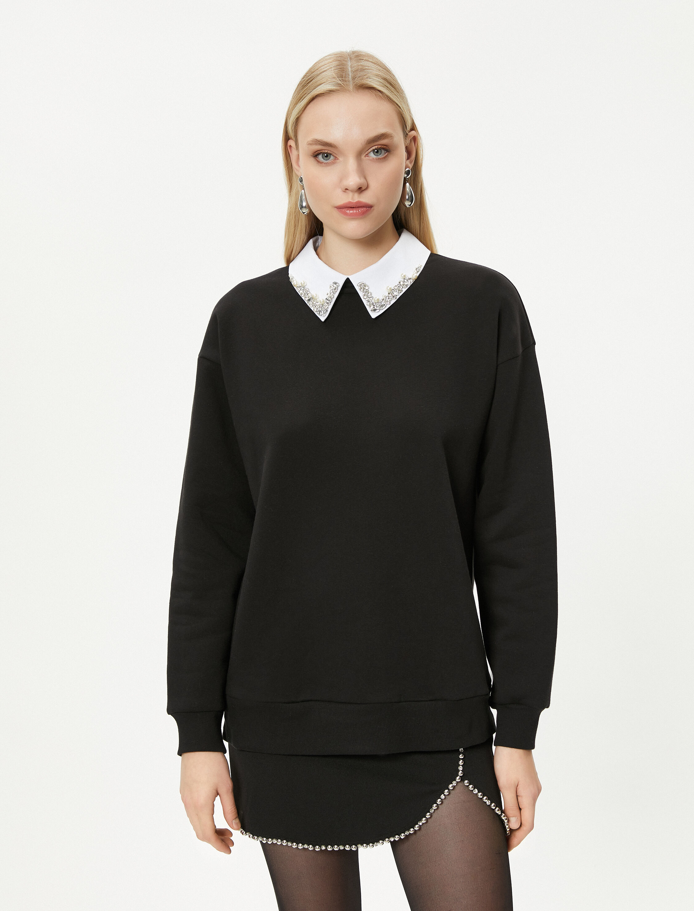   Gömlek Yaka Sweatshirt Parlak Taşlı Uzun Kollu