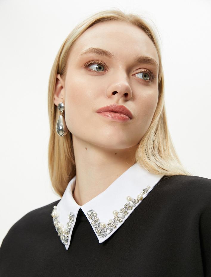  Gömlek Yaka Sweatshirt Parlak Taşlı Uzun Kollu