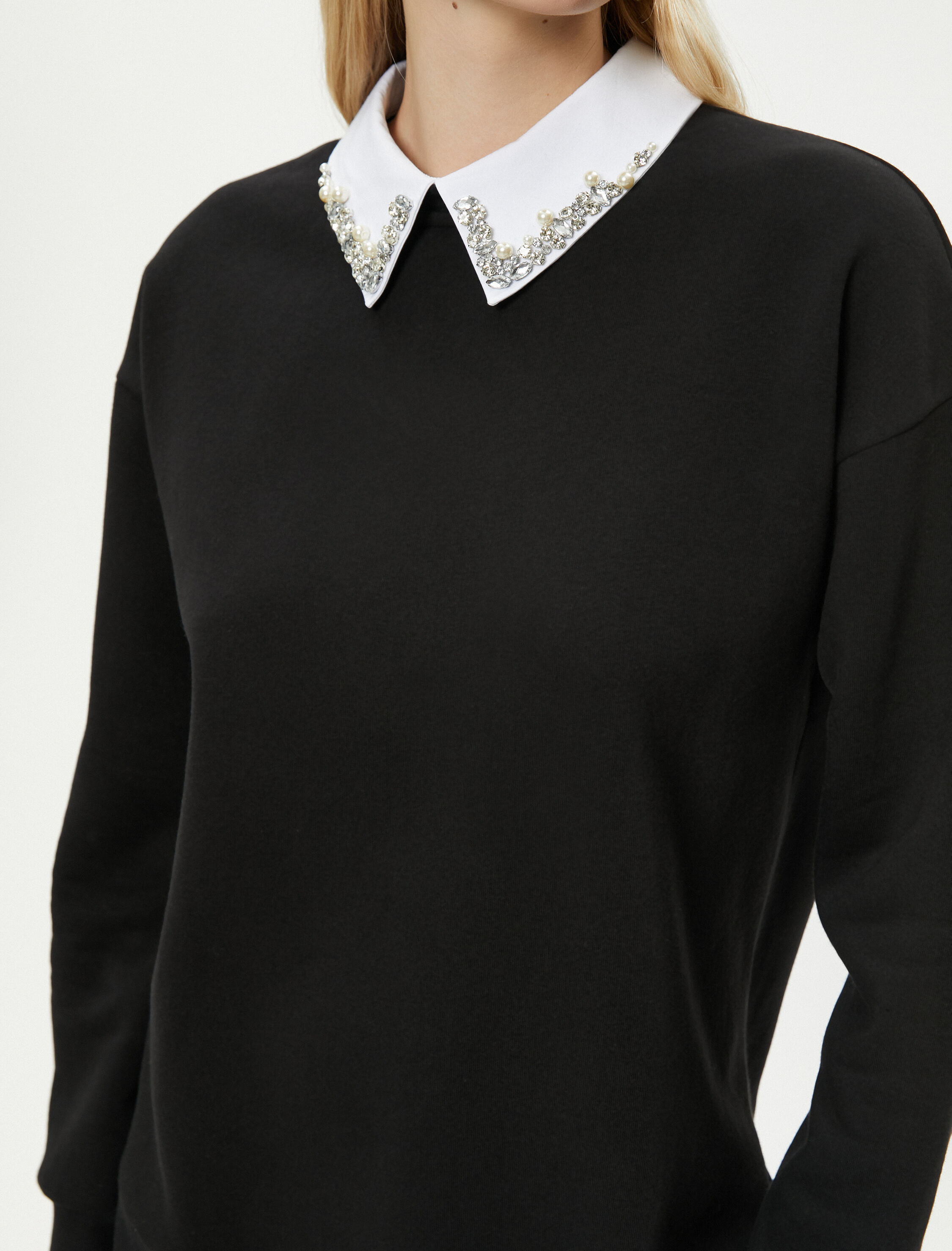   Gömlek Yaka Sweatshirt Parlak Taşlı Uzun Kollu