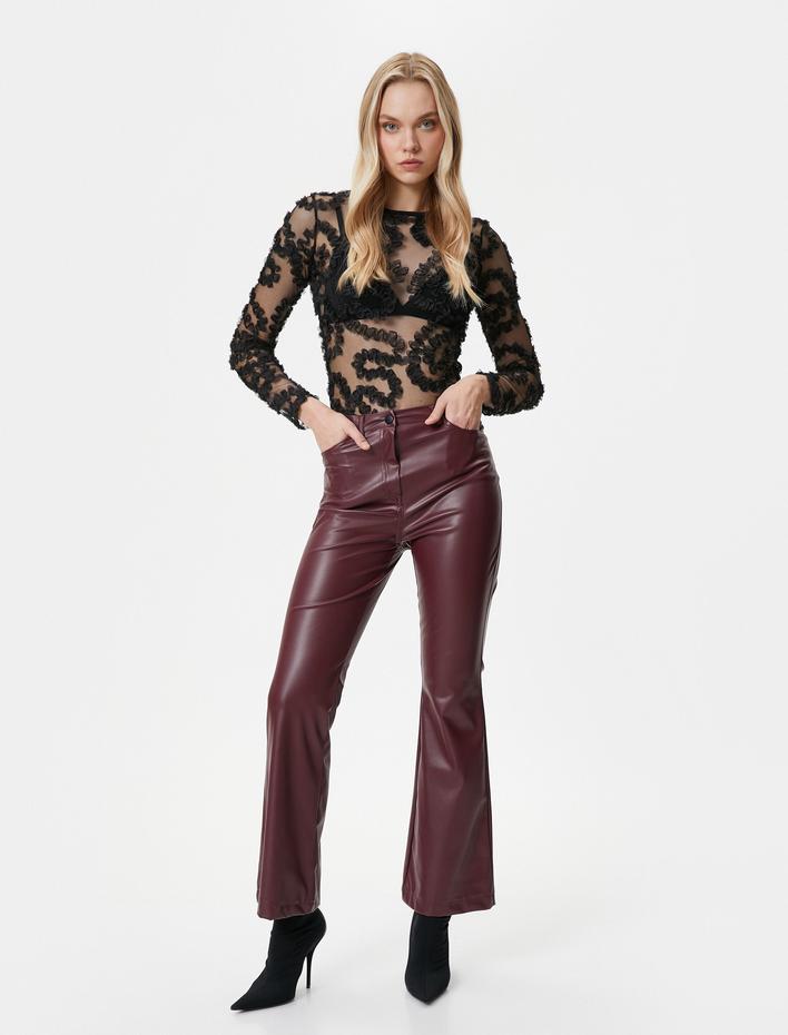  Transparan Bluz Fırfır İşlemeli Bisiklet Yaka Uzun Kollu