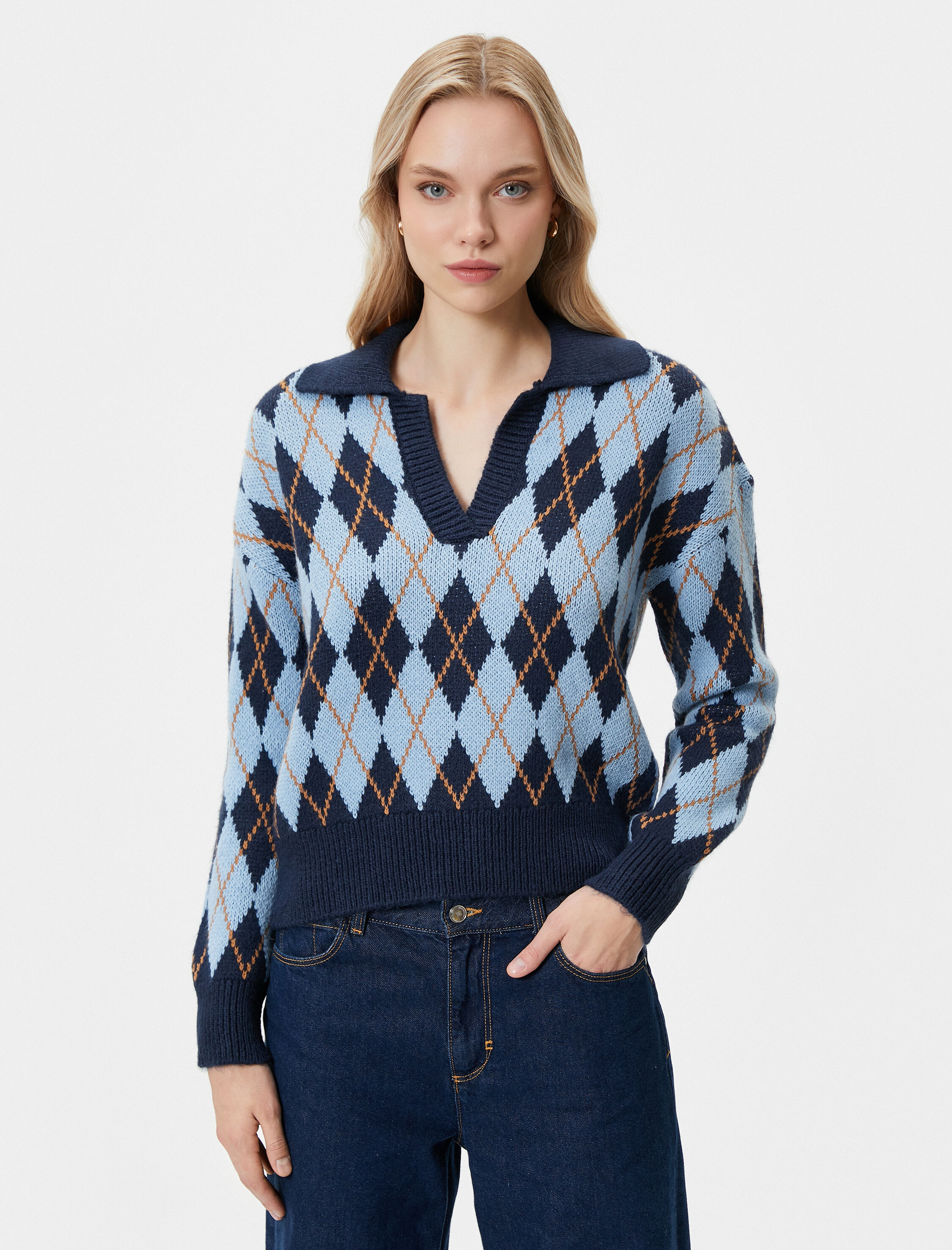   Oversize Kazak Polo Yaka Baklava Desenli