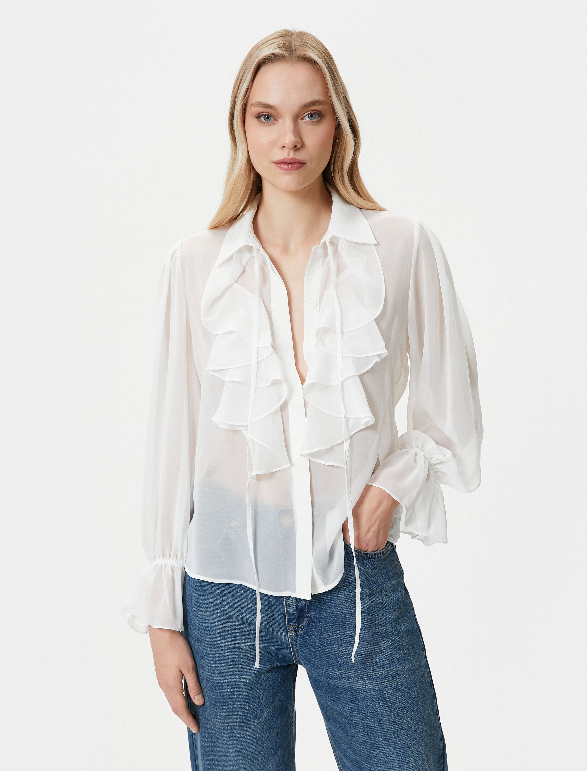   Şifon Transparan Gömlek Fırfırlı Düğmeli Uzun Kollu