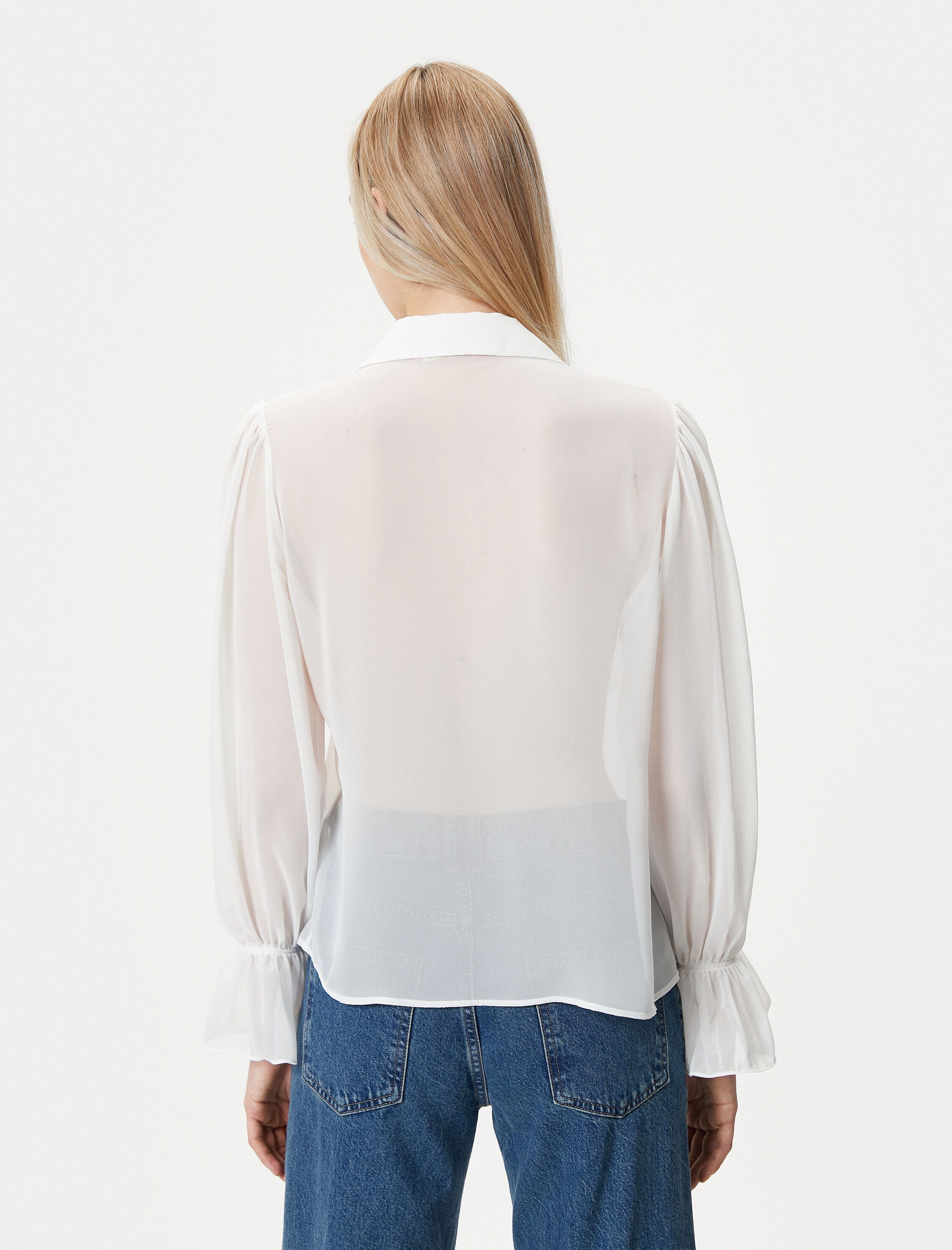   Şifon Transparan Gömlek Fırfırlı Düğmeli Uzun Kollu