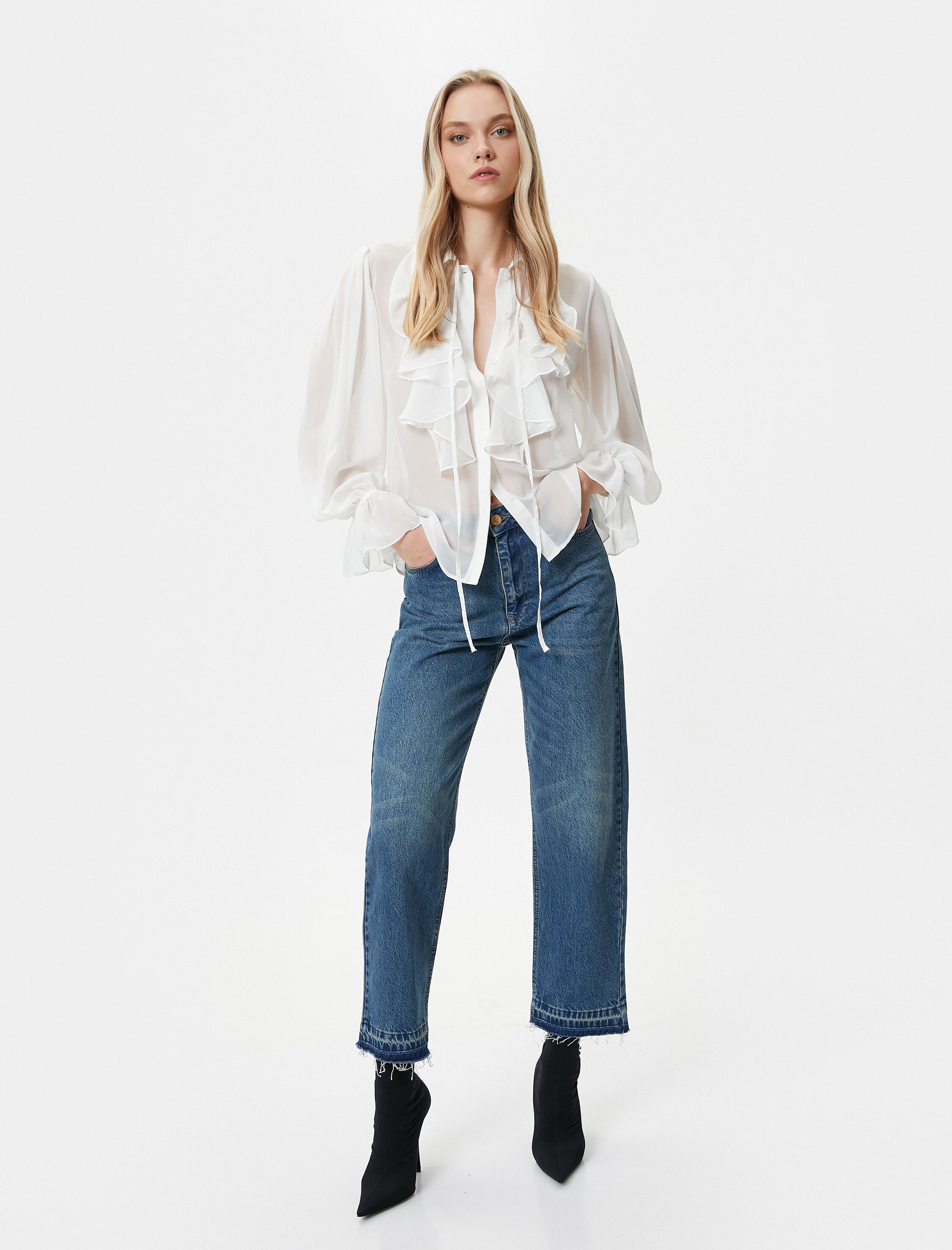   Şifon Transparan Gömlek Fırfırlı Düğmeli Uzun Kollu