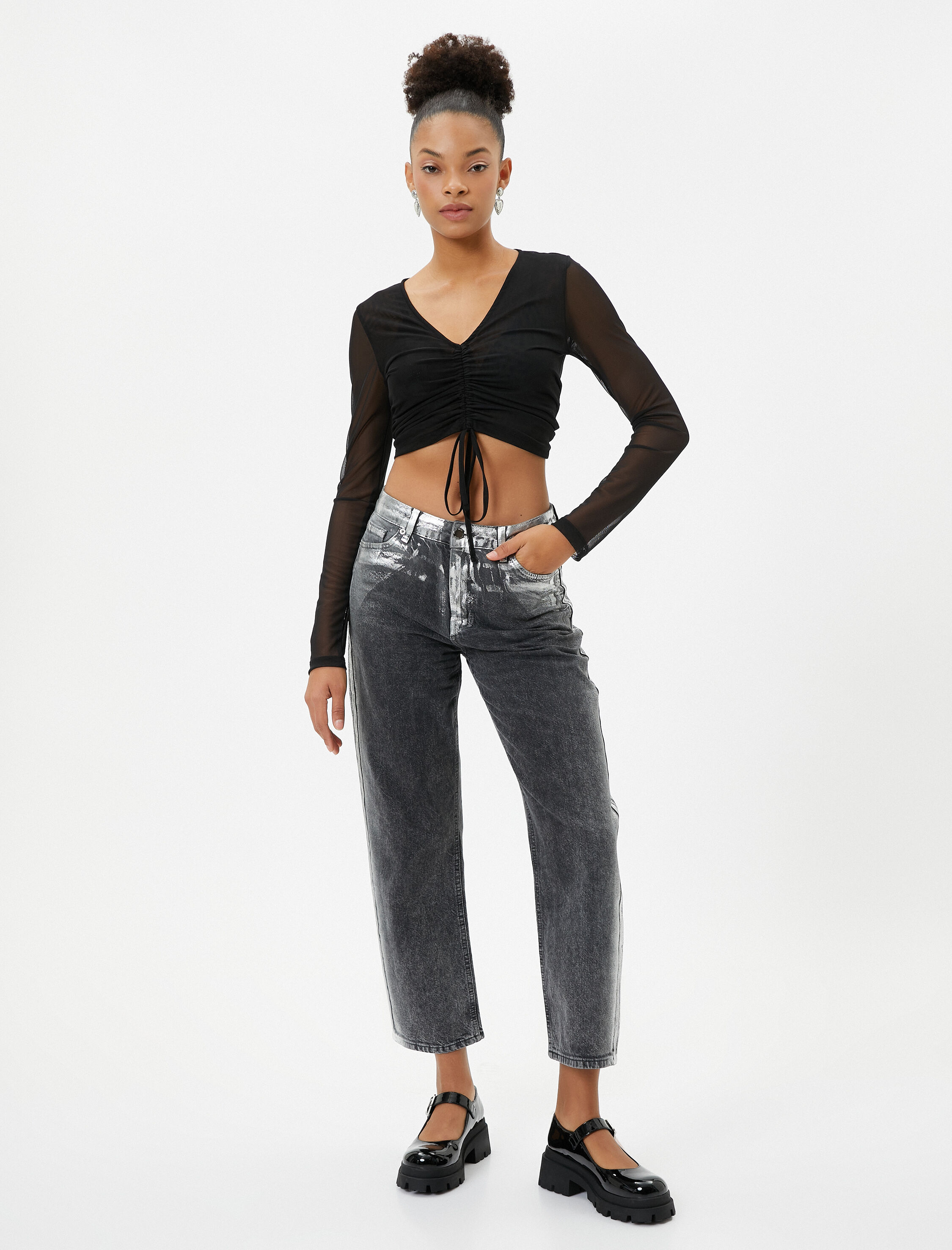   Tül Crop Tişört Drape Bağlama Detaylı V Yaka Uzun Kollu