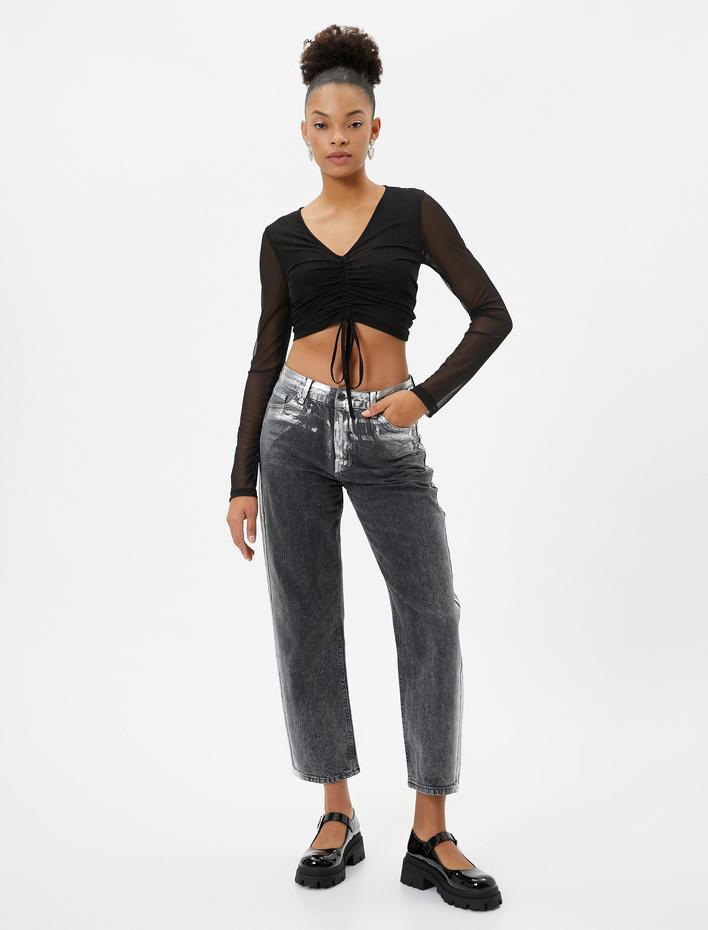  Tül Crop Tişört Drape Bağlama Detaylı V Yaka Uzun Kollu