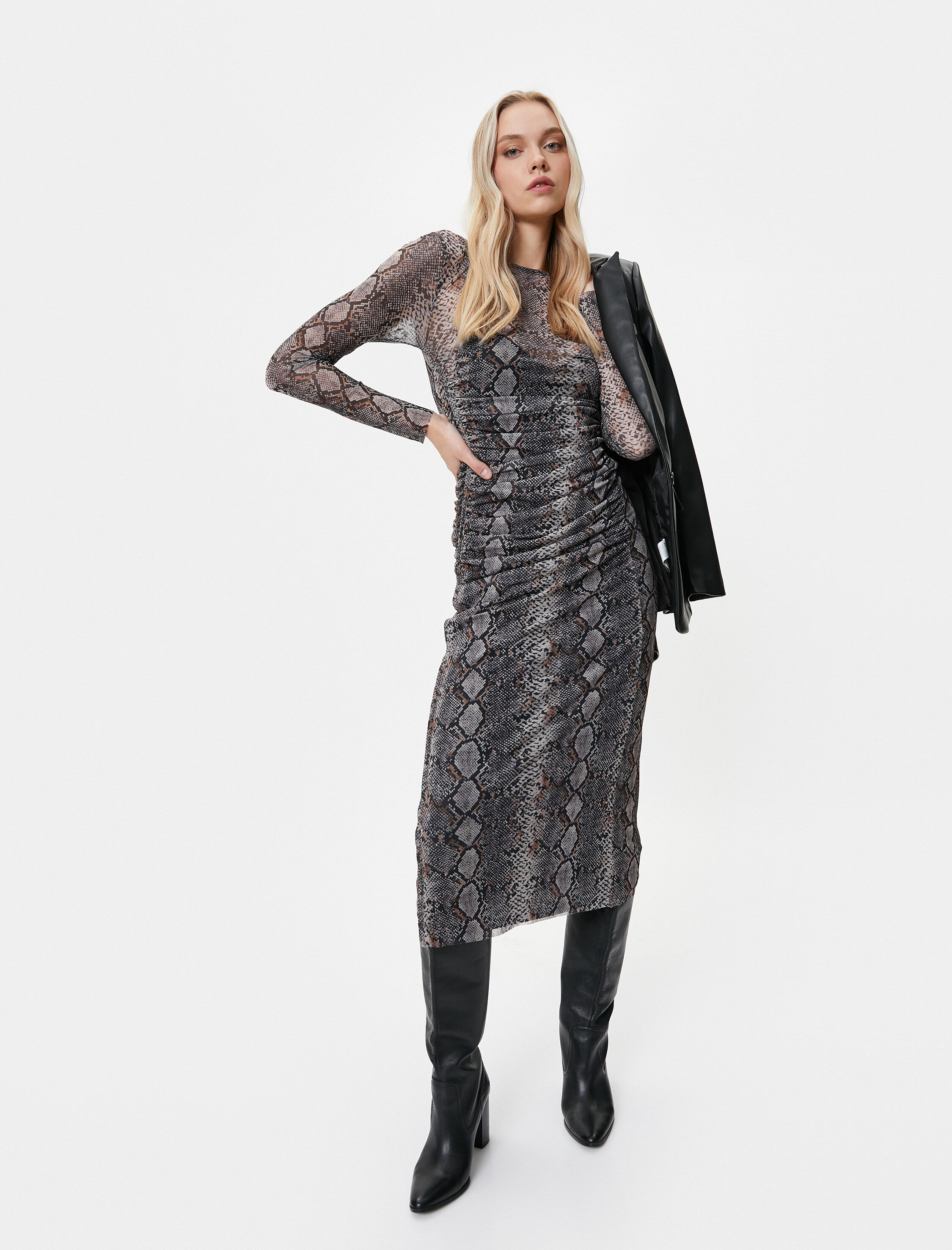   Midi Elbise Yılan Derisi Desenli Uzun Kollu Bisiklet Yaka