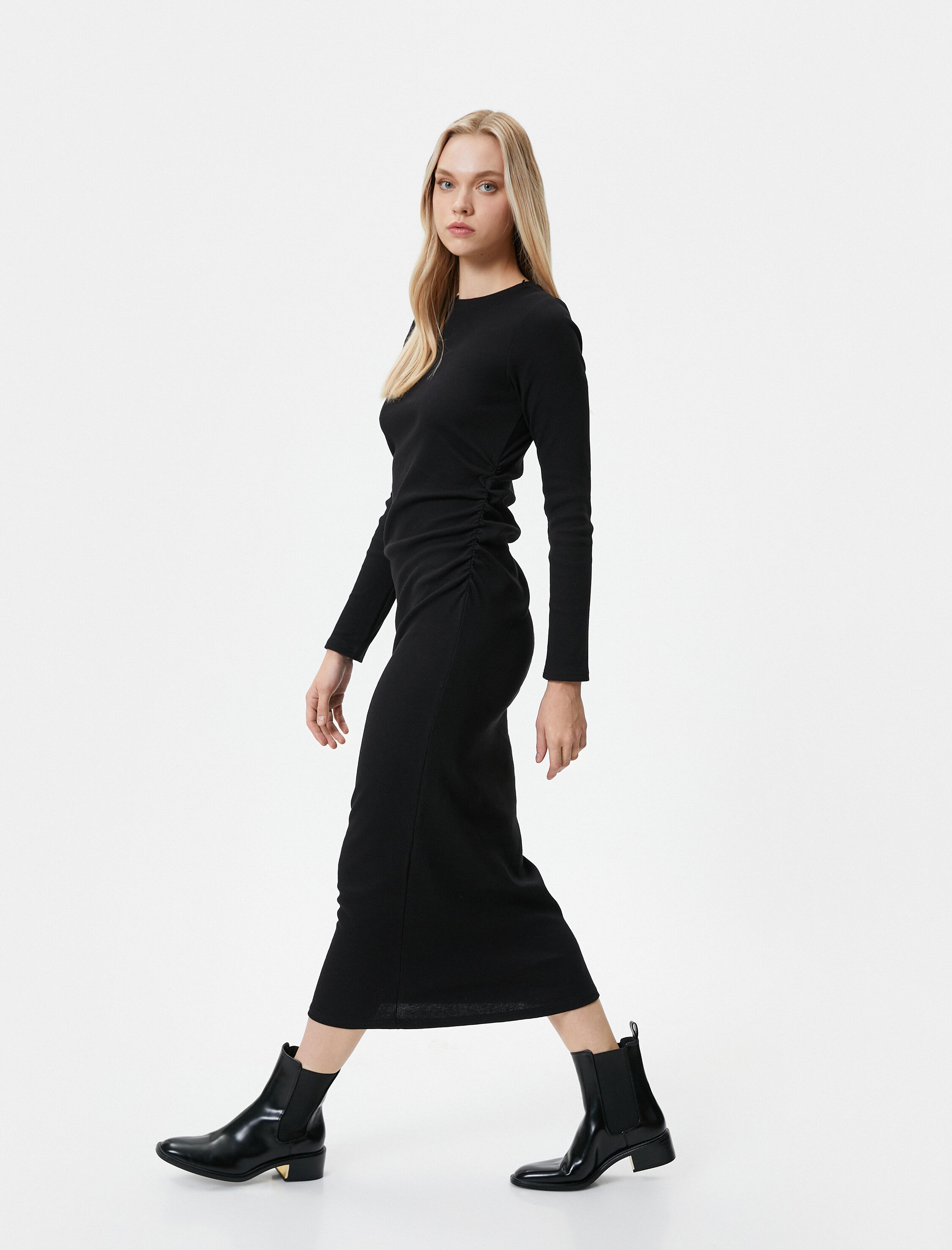   Midi Elbise Bisiklet Yaka Uzun Kollu Slim Fit