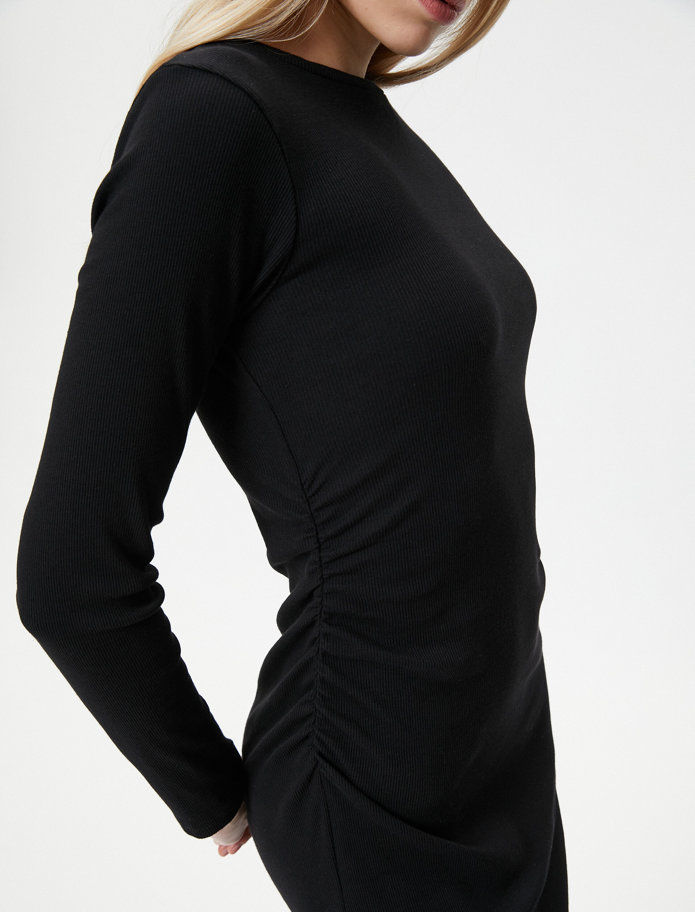   Midi Elbise Bisiklet Yaka Uzun Kollu Slim Fit