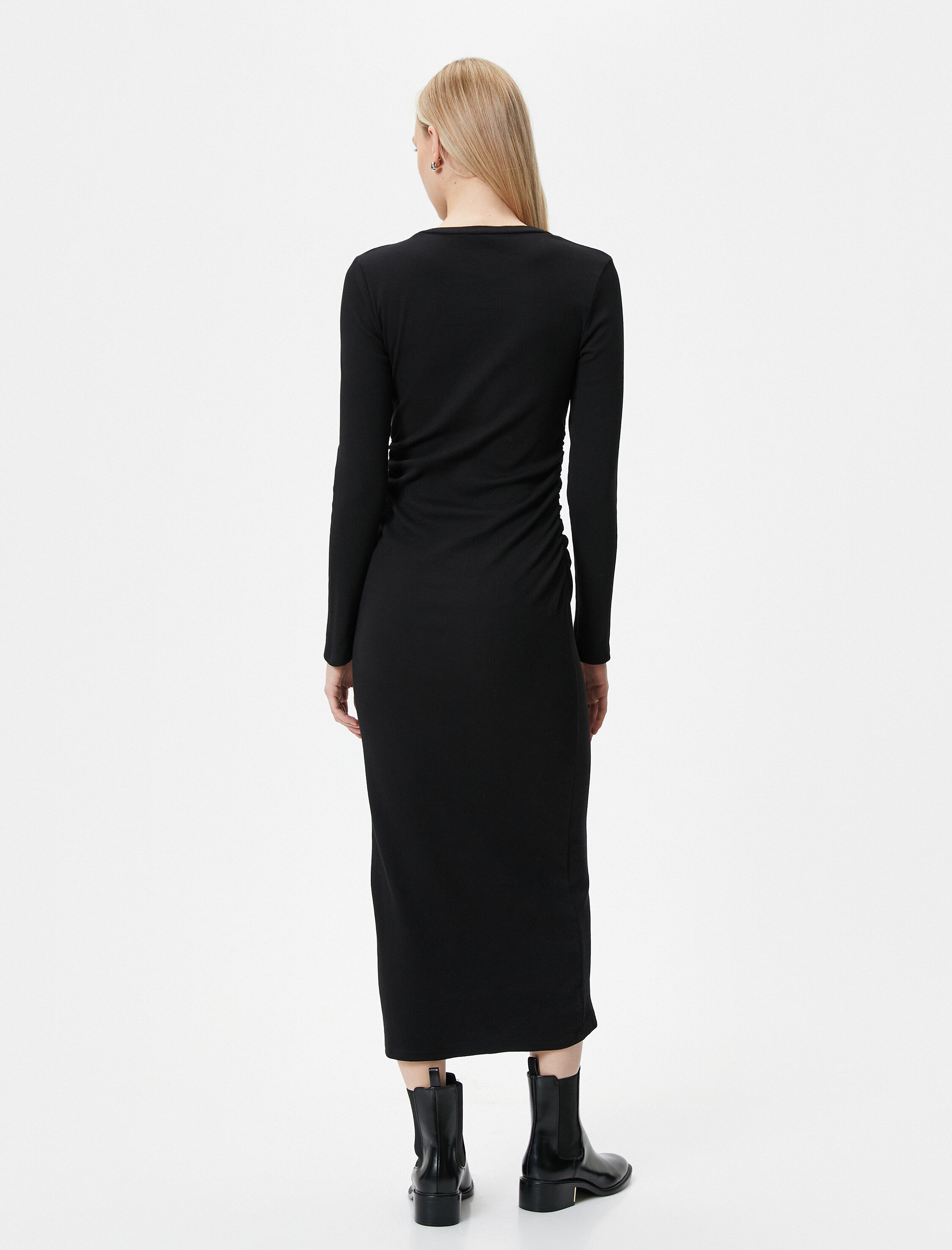   Midi Elbise Bisiklet Yaka Uzun Kollu Slim Fit