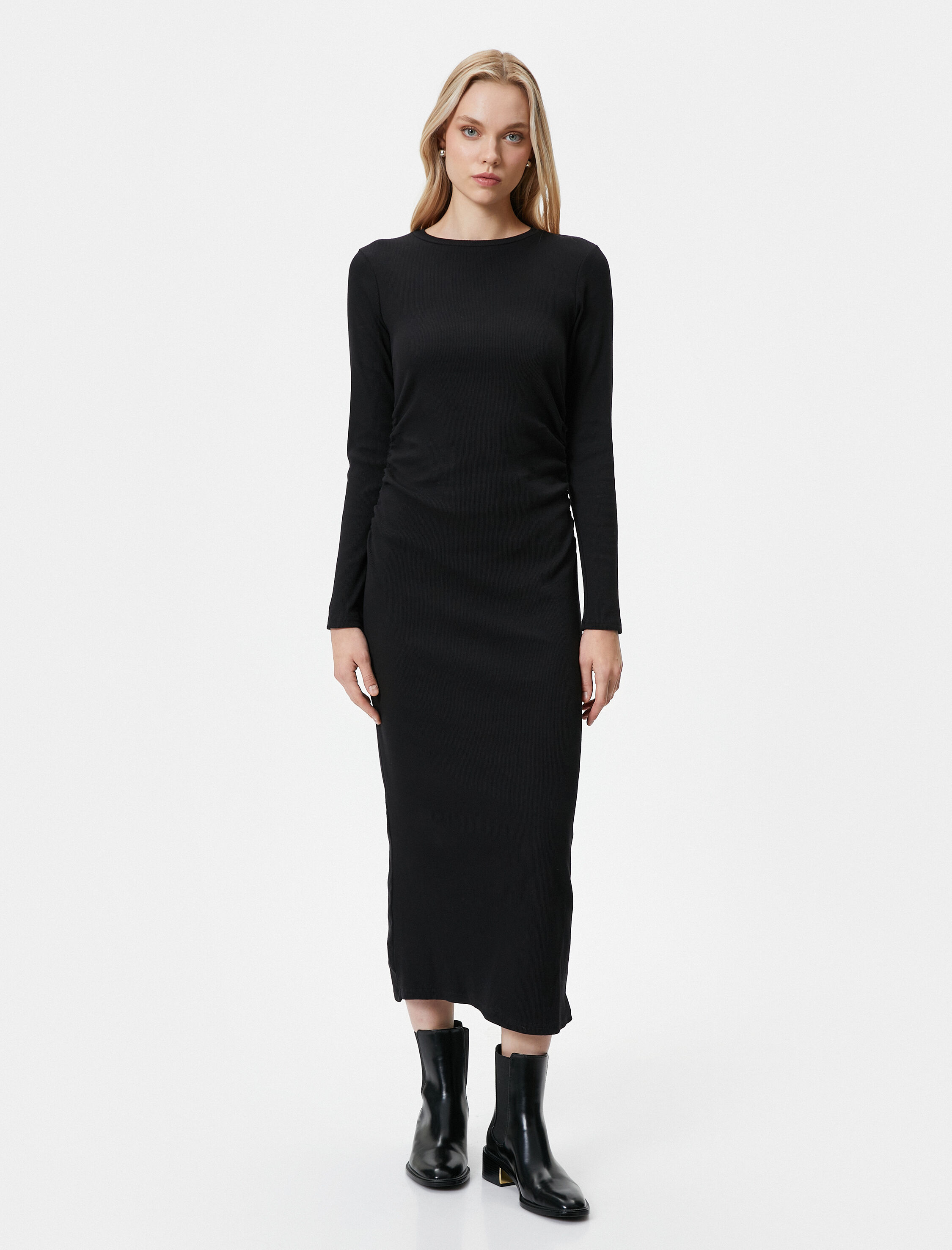   Midi Elbise Bisiklet Yaka Uzun Kollu Slim Fit