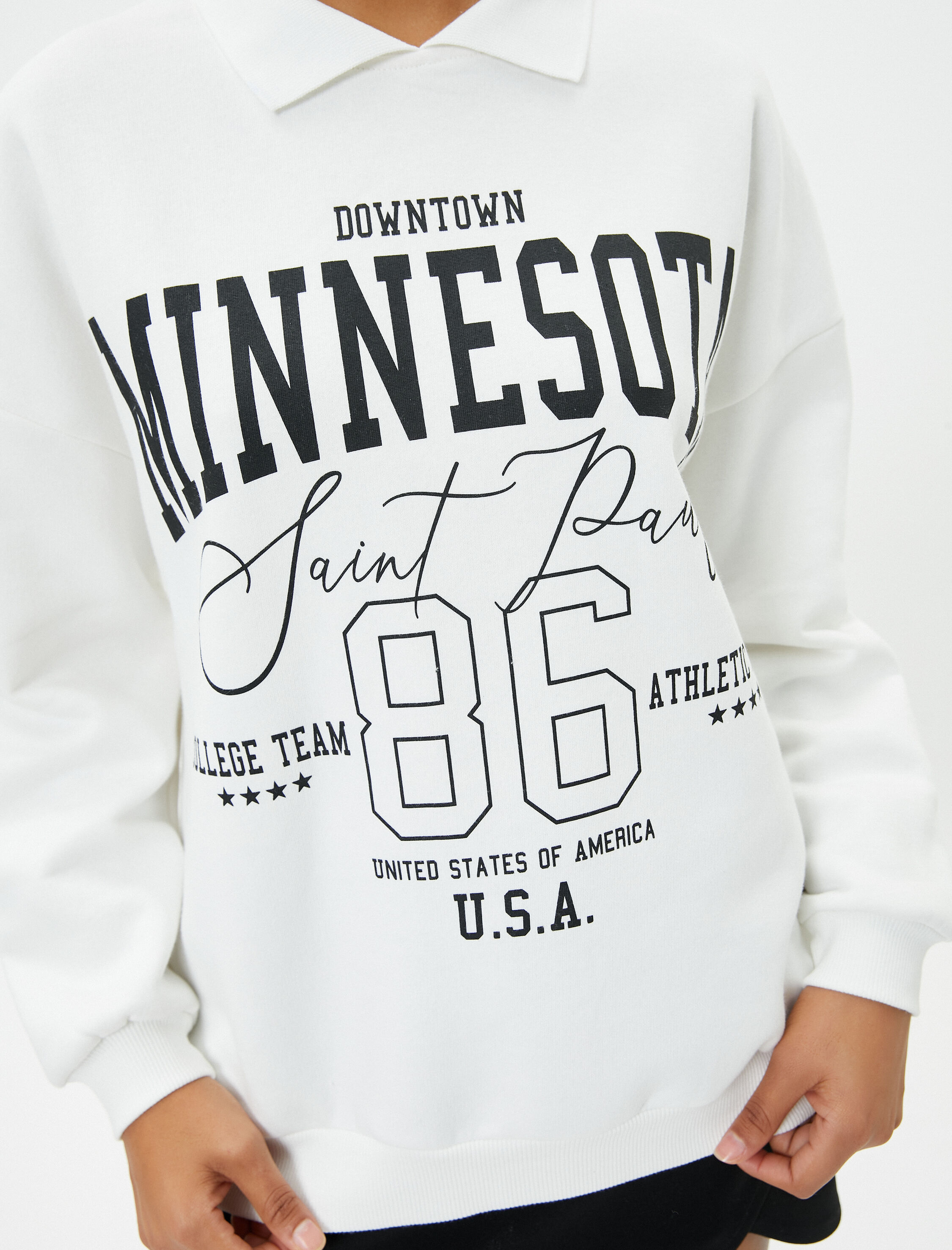   Şardonlu Polo Yaka Sweatshirt Oversize Kolej Temalı Baskılı Pamuk Karışımlı