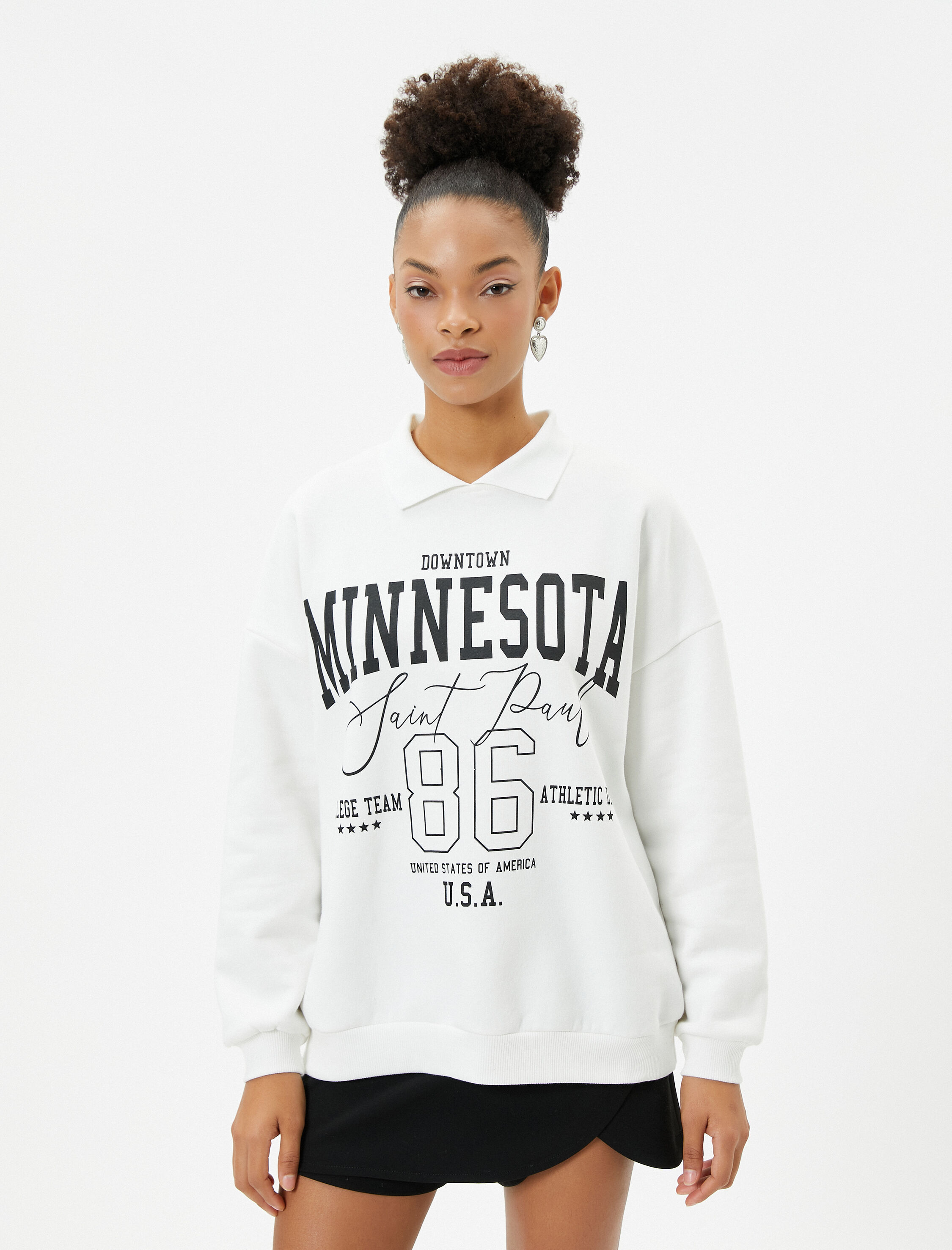   Şardonlu Polo Yaka Sweatshirt Oversize Kolej Temalı Baskılı Pamuk Karışımlı