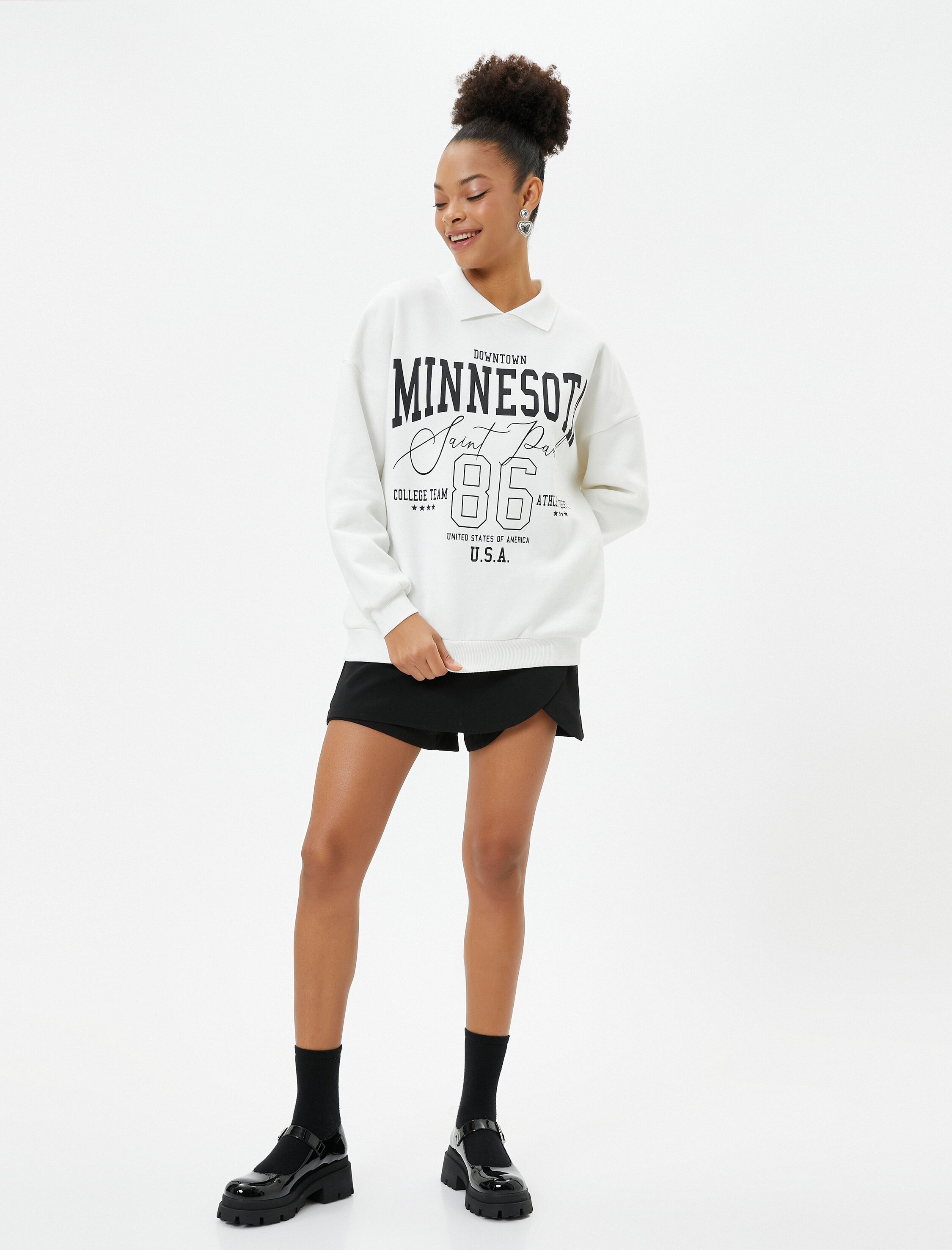   Şardonlu Polo Yaka Sweatshirt Oversize Kolej Temalı Baskılı Pamuk Karışımlı