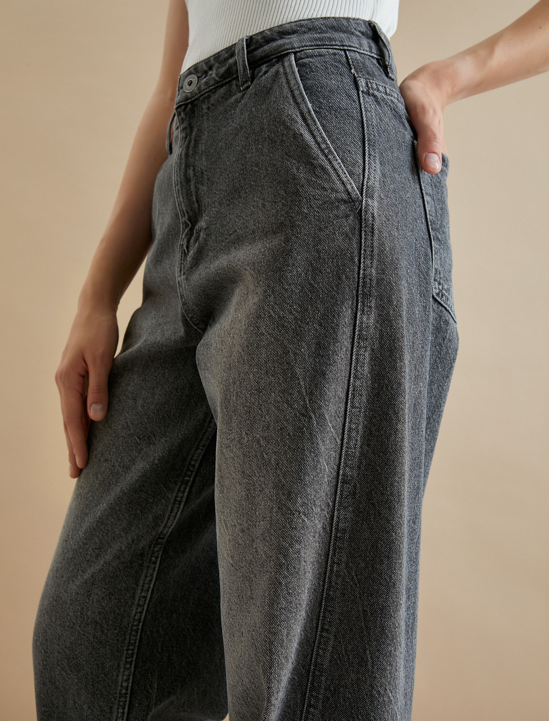   Koton X Şahika Ercümen - Yüksel Bel Kot Pantolon Rahat Kalıp Cepli Esnemeyen Pamuklu