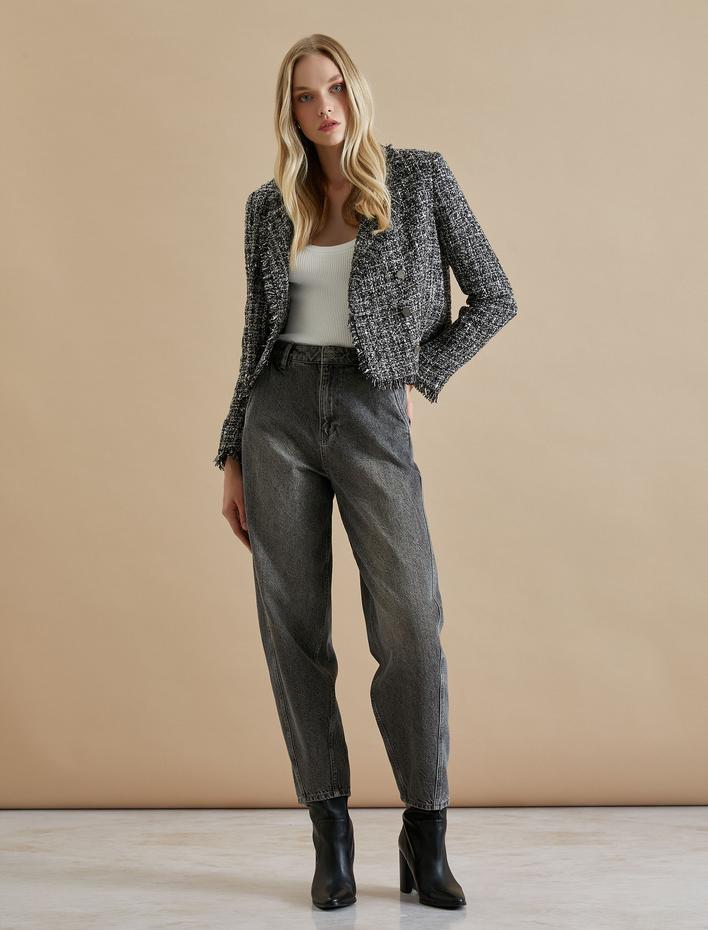  Koton X Şahika Ercümen - Yüksel Bel Kot Pantolon Rahat Kalıp Cepli Esnemeyen Pamuklu