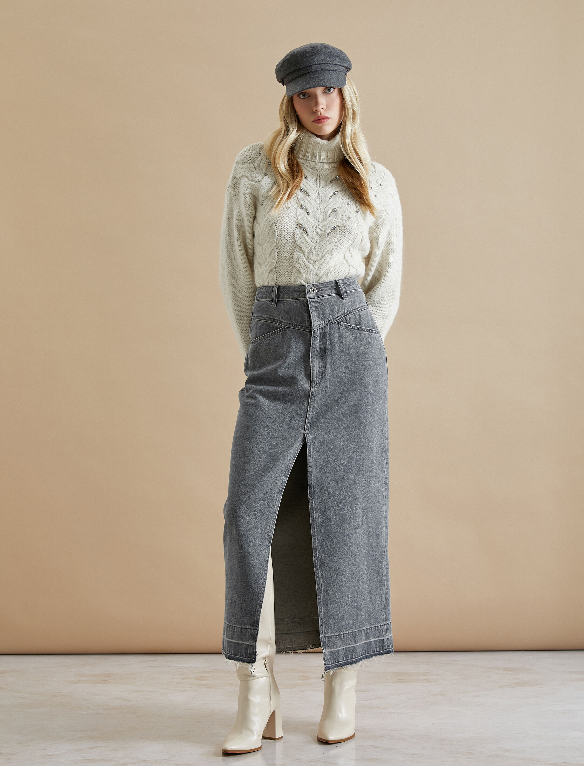   Önden Yırtmaçlı Kot Etek Midi Boy Cepli Pamuklu Rahat Kalıp